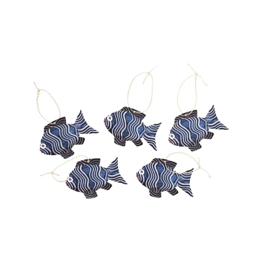 A set of 5 blue fish shaped gift tags.