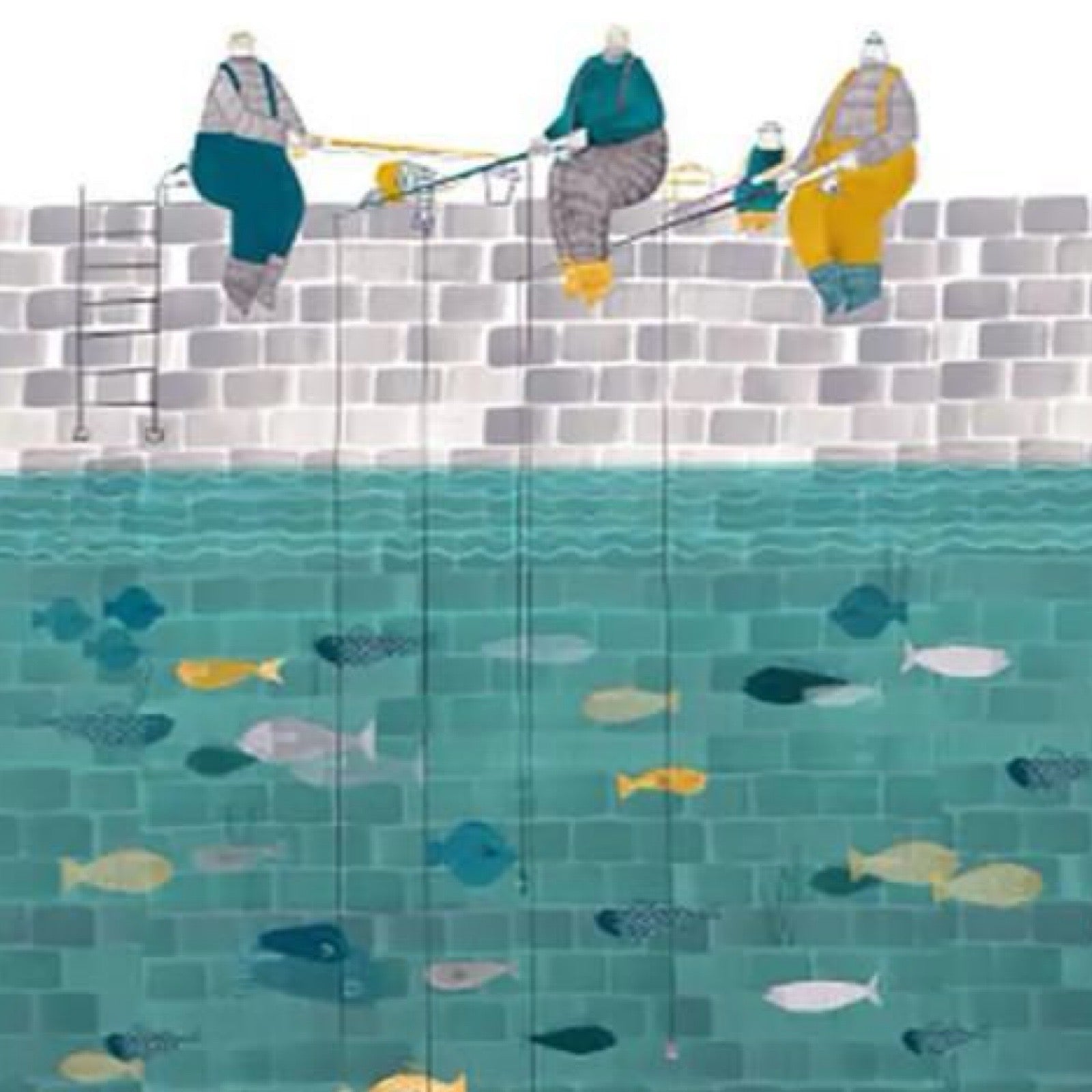 Print featuring an illustration of 3 fishermen and a child, sitting on a wall, with multicoloured fish swimming underneath in the sea.