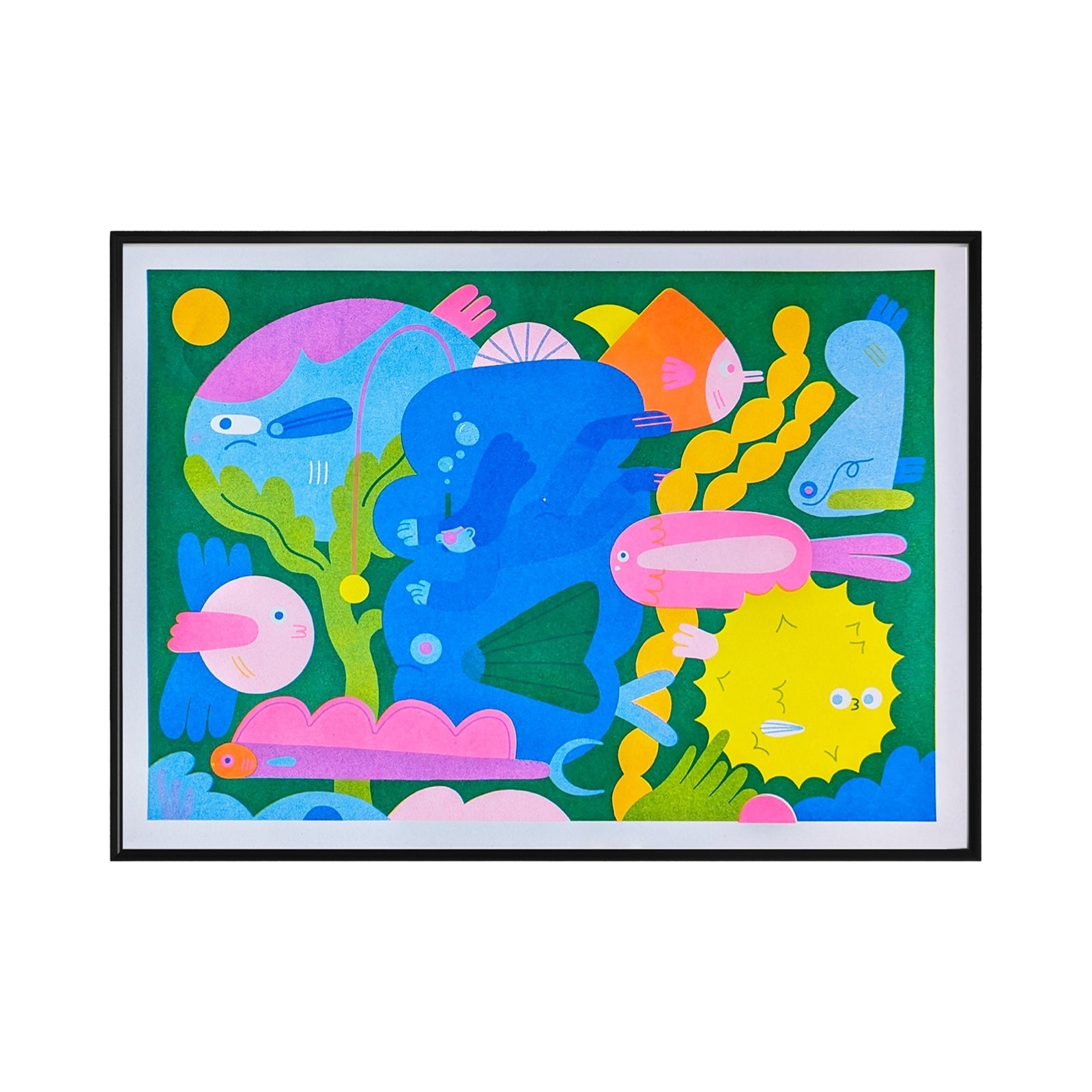 Colorful underwater scene illustration with various sea creatures on a green background.