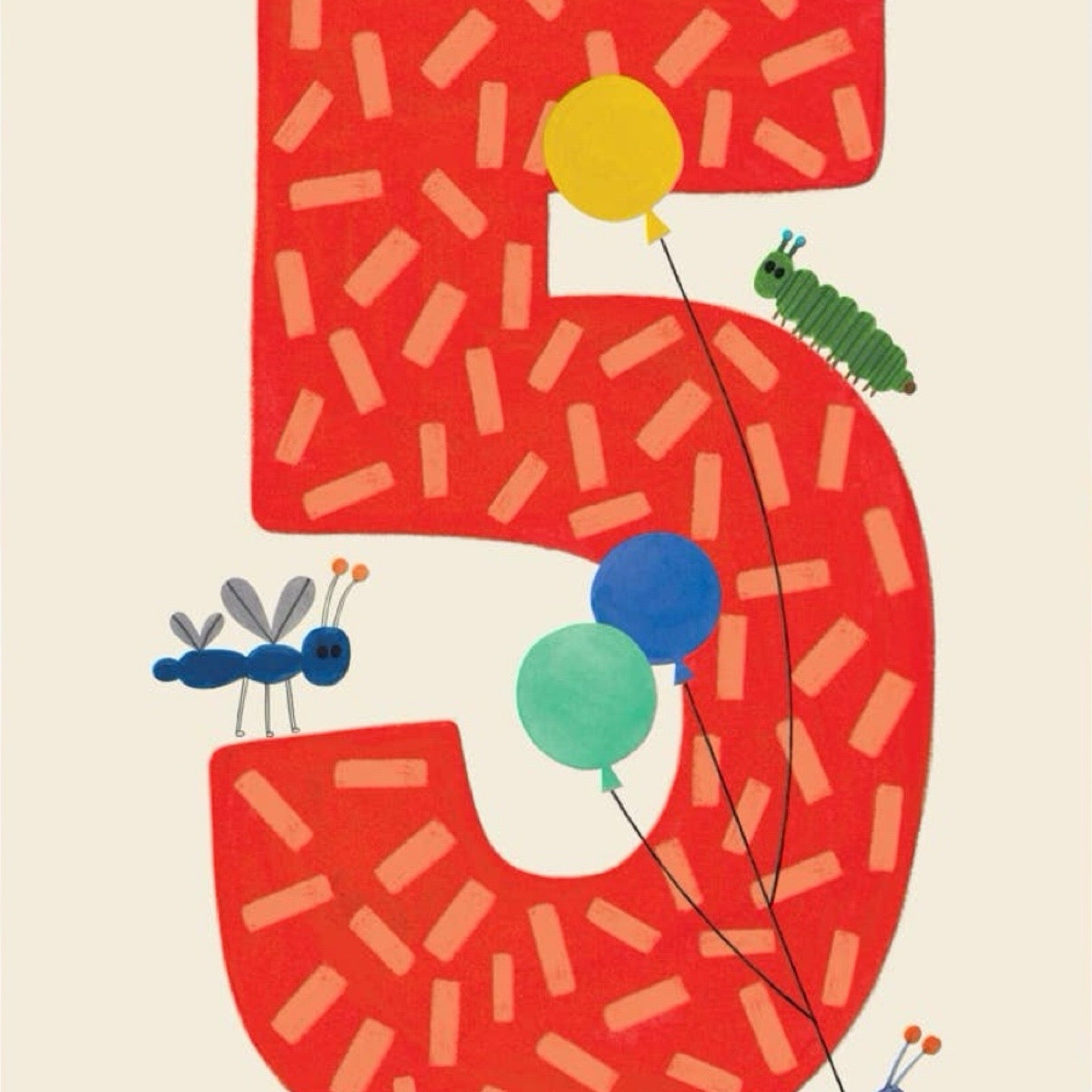 A gorgeous number 5 age card featuring a red 5 with cute insects and balloons. 