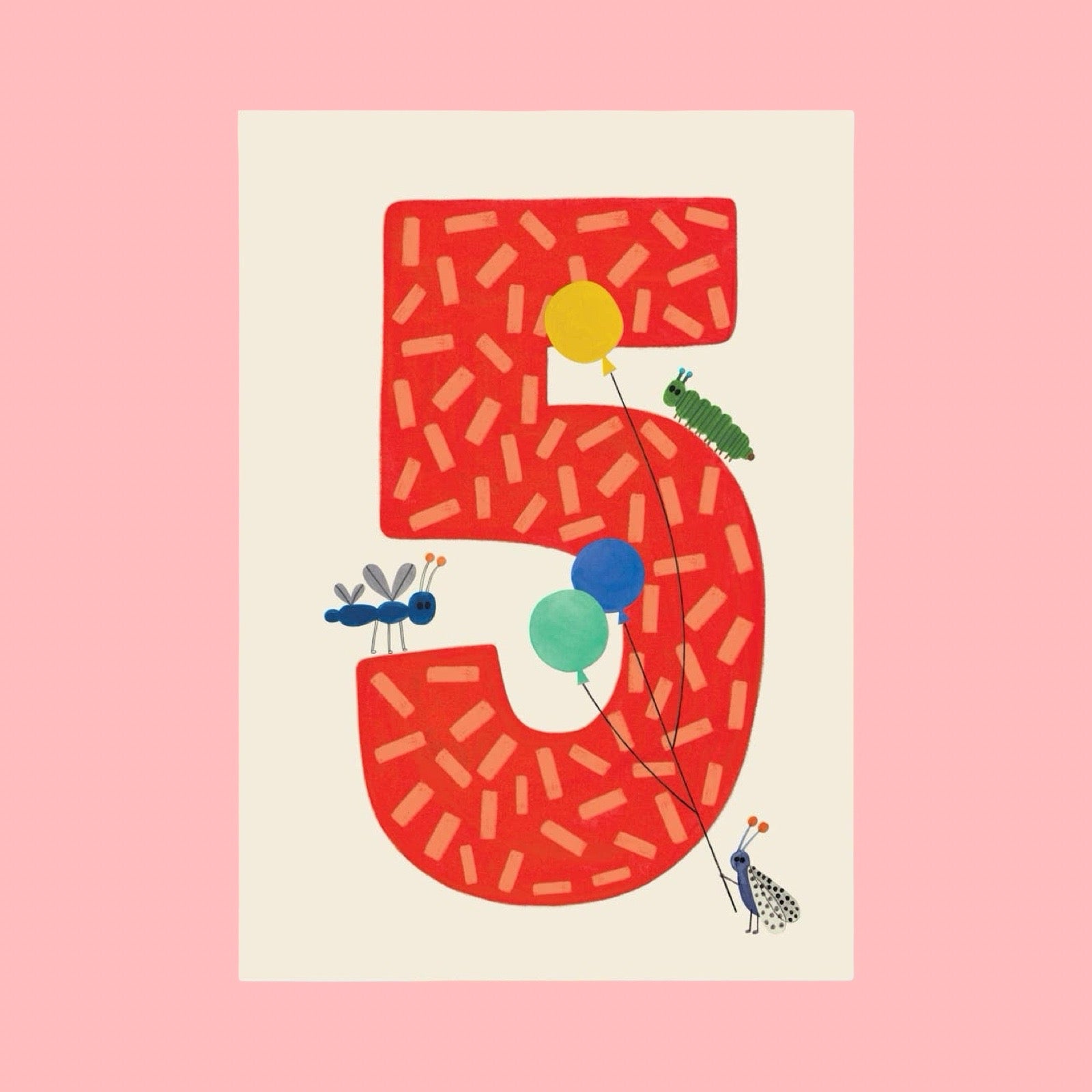 Illustration of the number 5 with a red pattern, yellow and blue balloons, green caterpillar, and black ant on a light pink background.