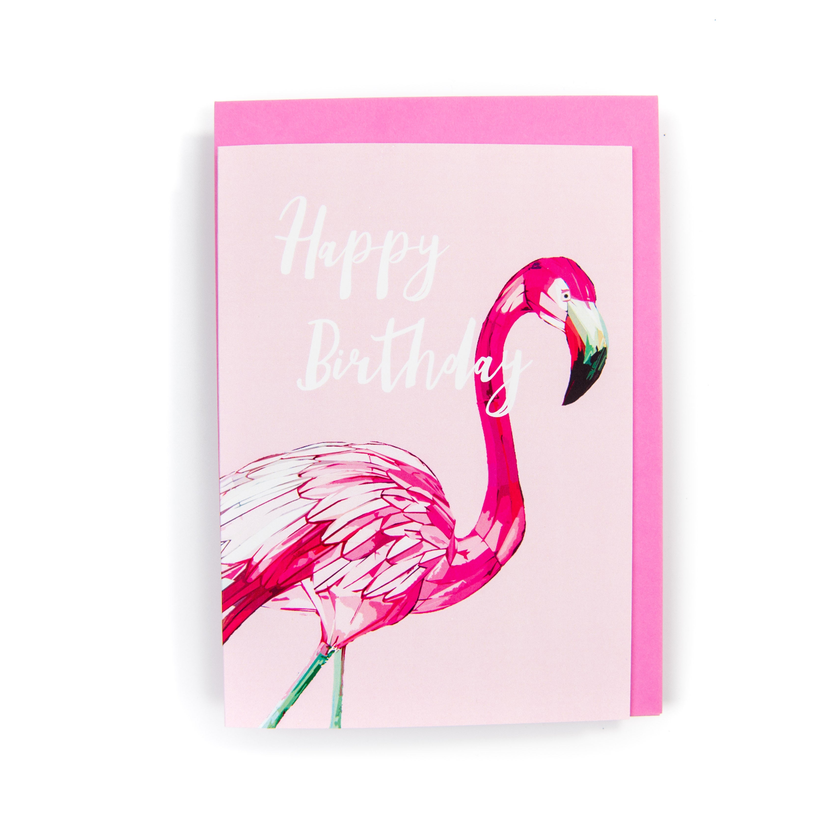 A greeting card featuring a pink flamingo with the text 'Happy Birthday' on a pink background, with a pink envelope included.