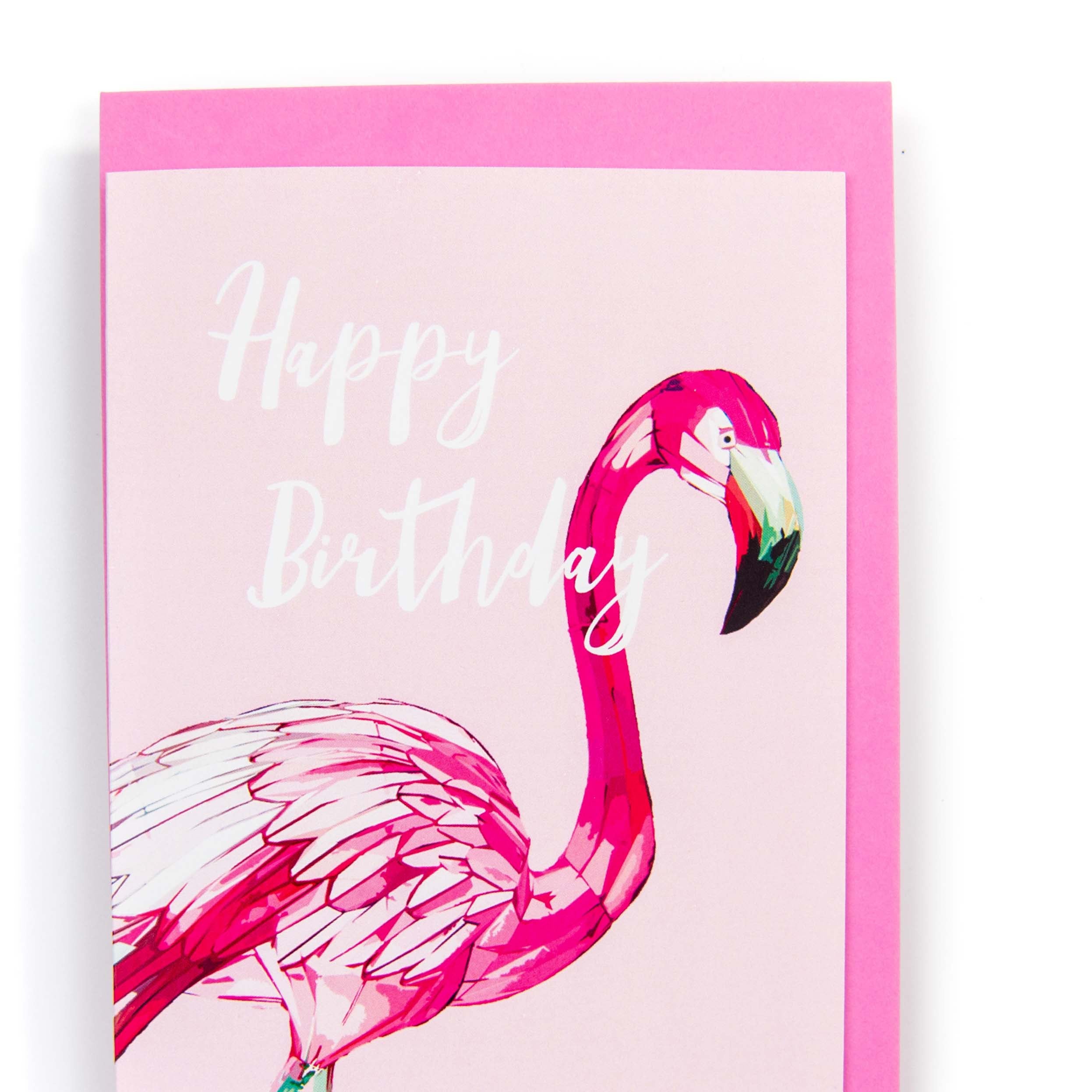 Greeting card with a pink flamingo and 'Happy Birthday' text on a light pink background