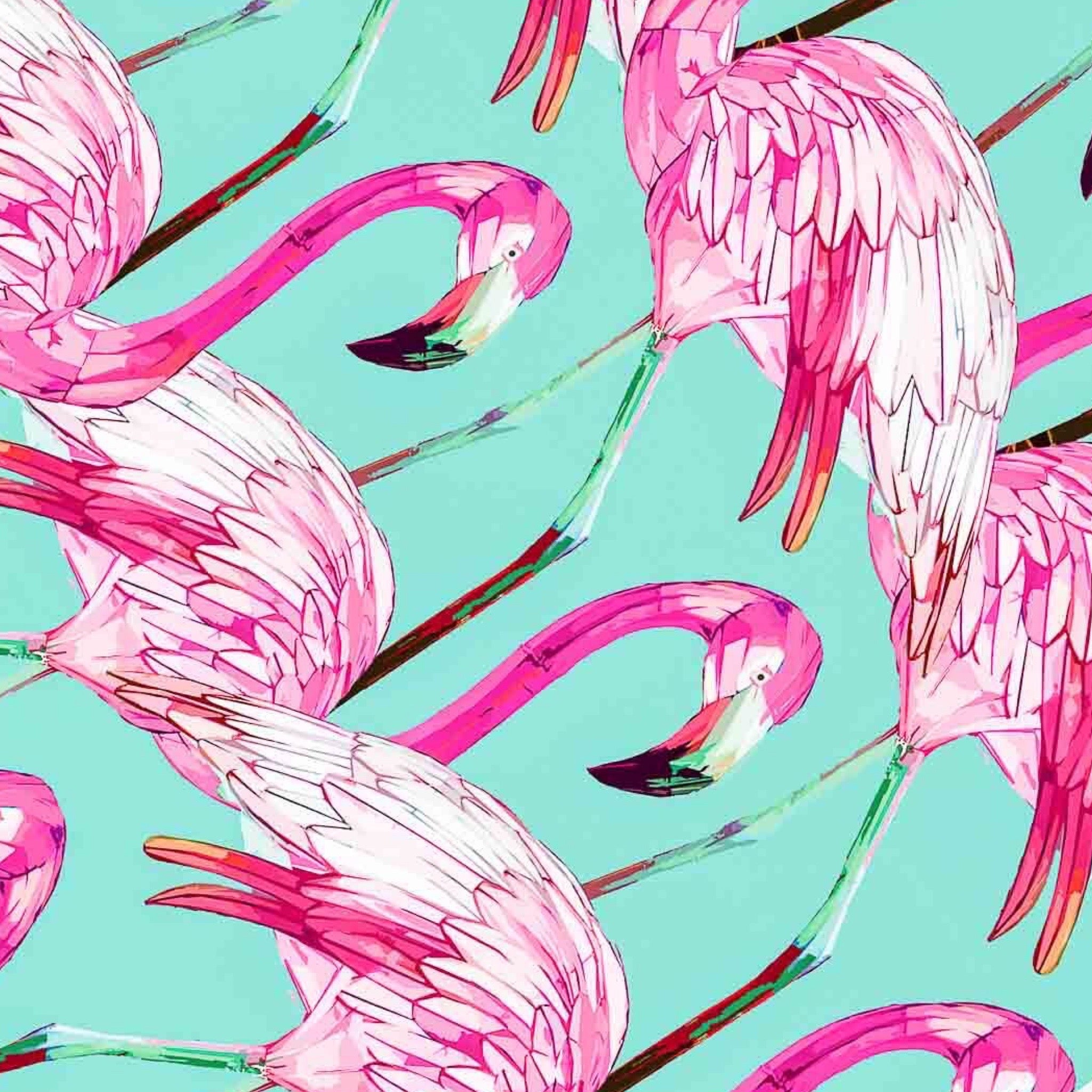 Pattern of pink flamingos on a turquoise background.