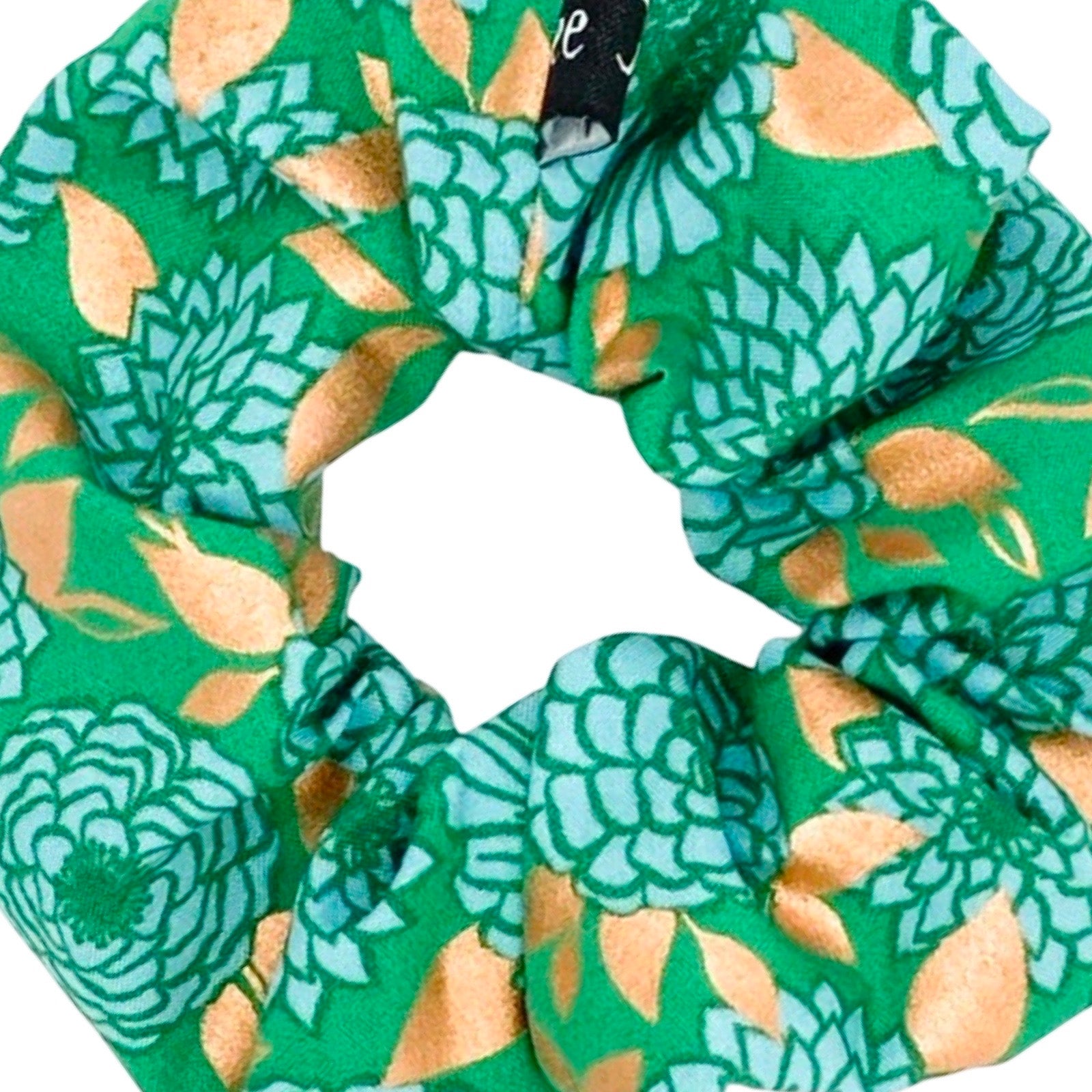 Handmade floral hair scrunchies with gold metallic leaves made from 100% cotton fabrics.