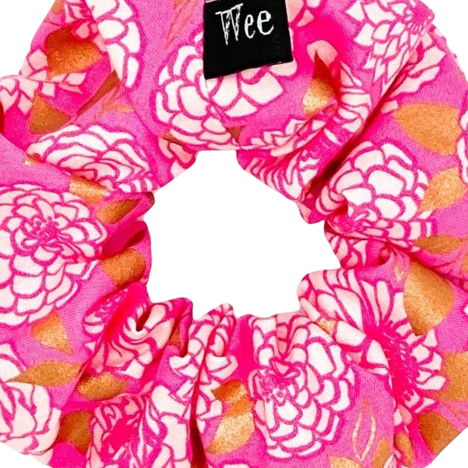 Handmade floral hair scrunchies with gold metallic leaves made from 100% cotton fabrics.