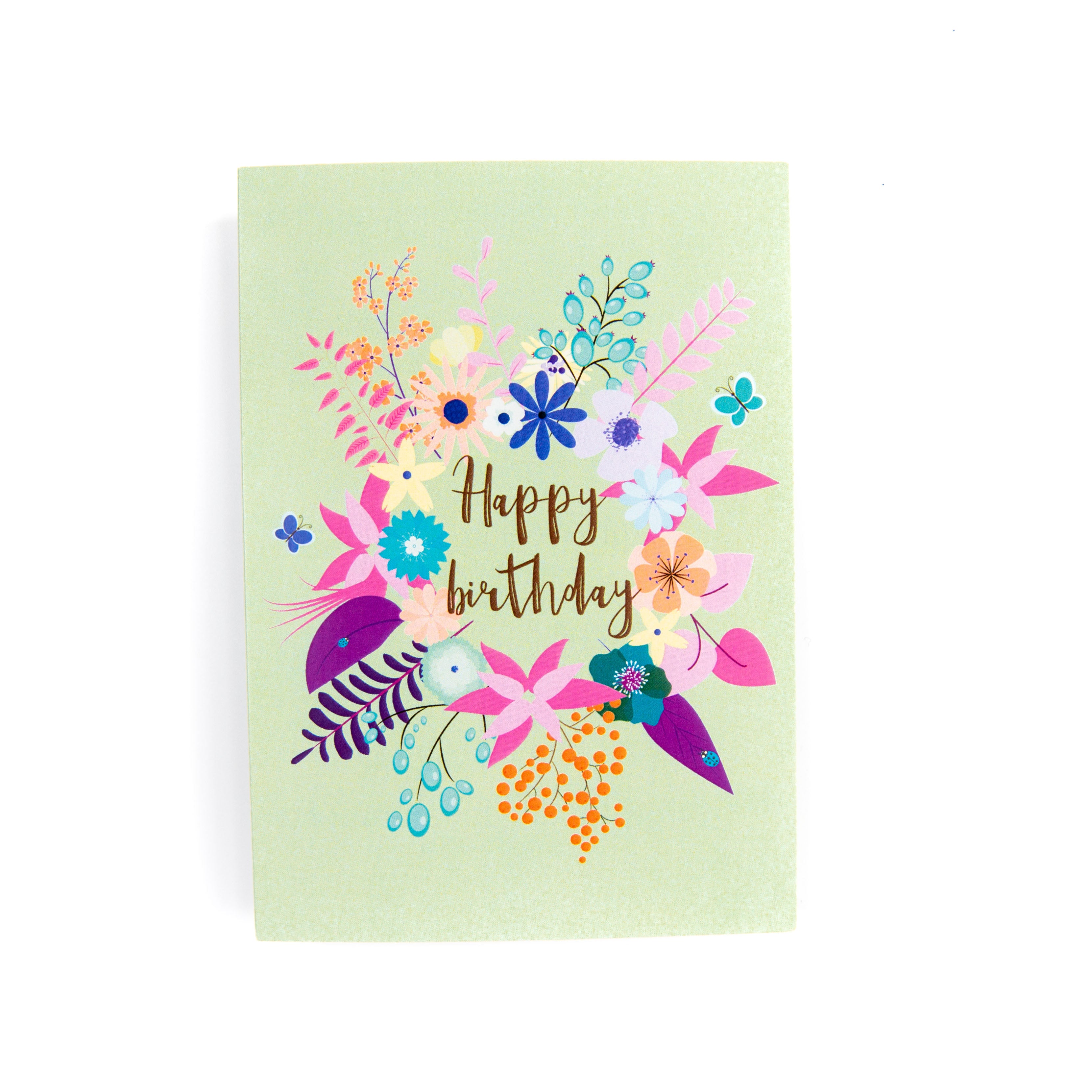 A floral birthday card with a variety of colourful flowers and the text 'Happy birthday' in the centre.