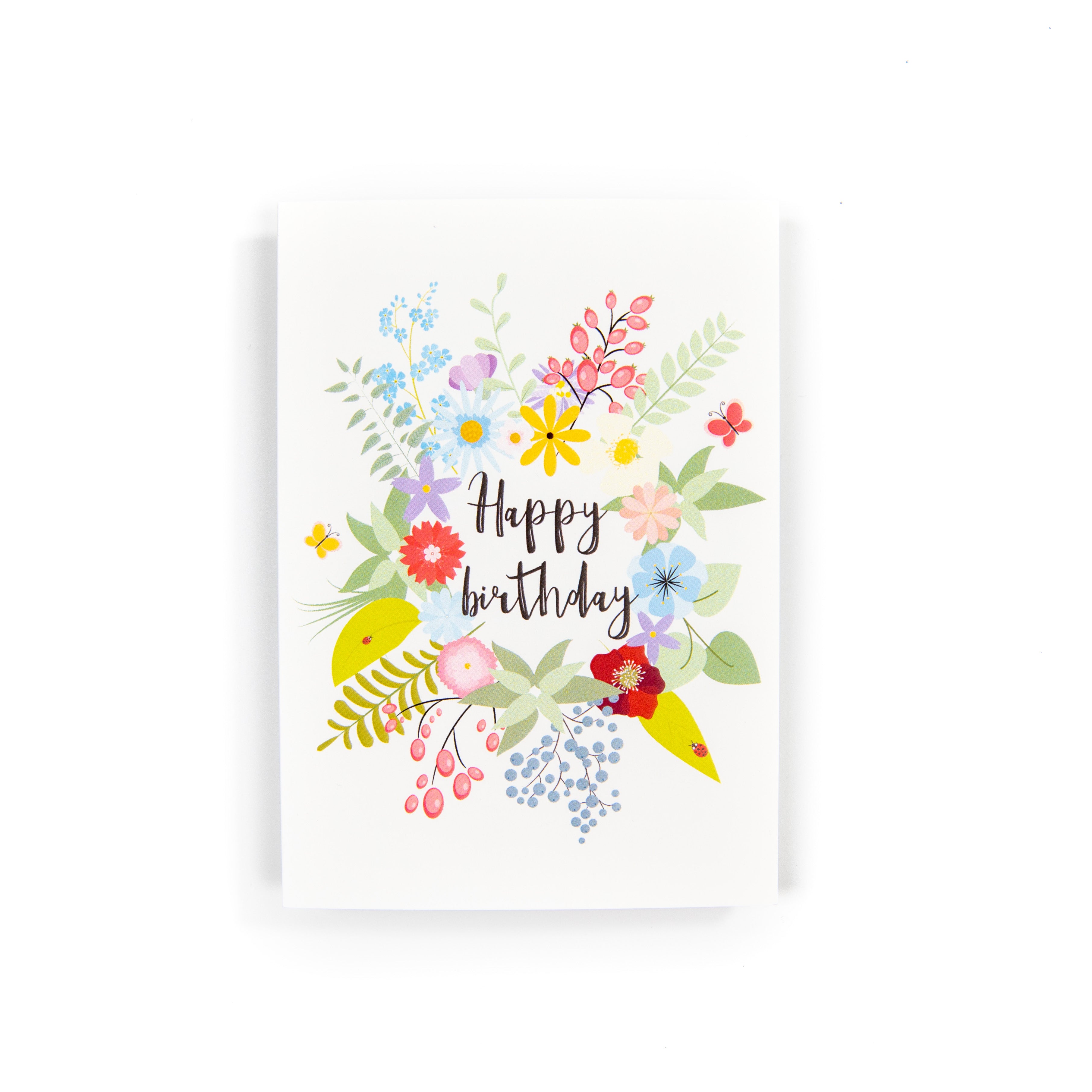 A floral birthday card with a variety of colourful flowers and the text 'Happy birthday' in the centre.