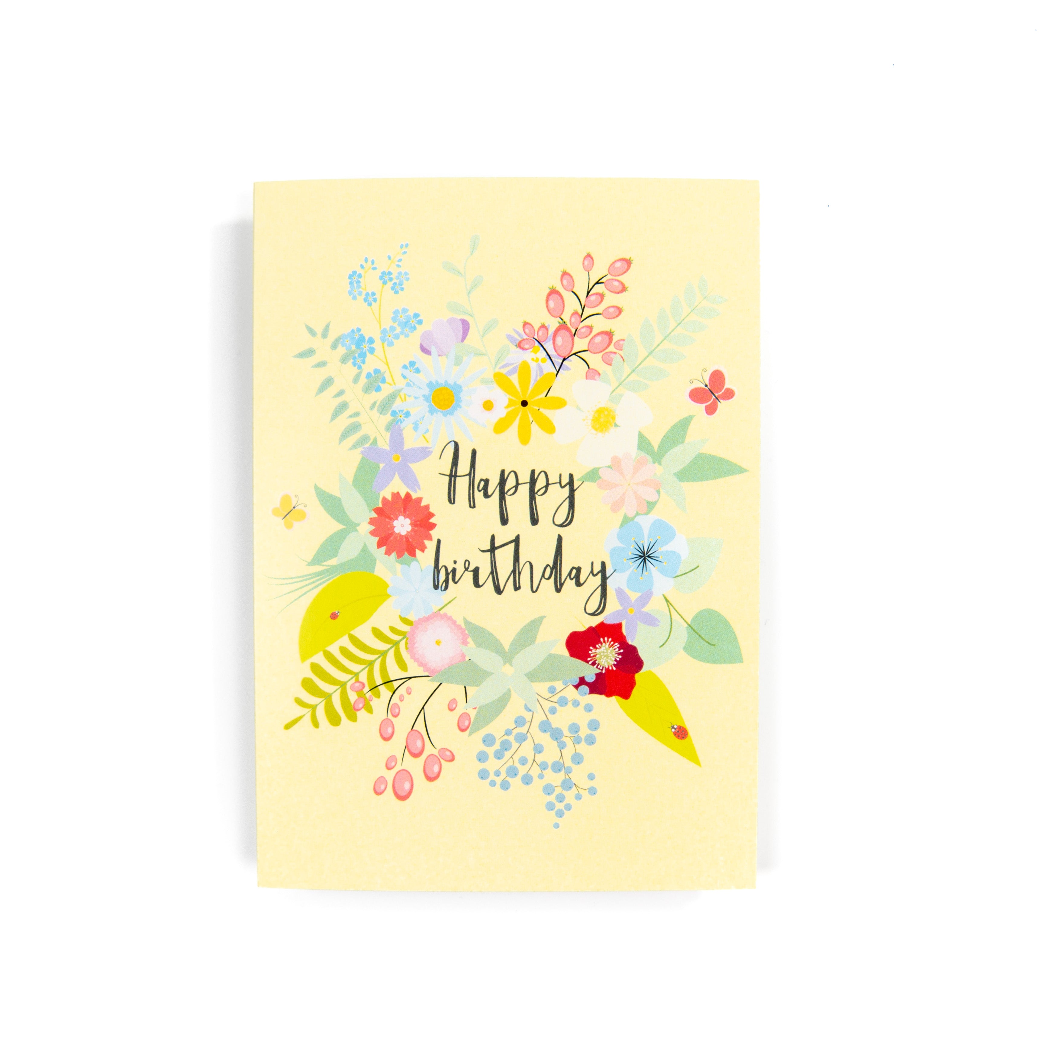 A floral birthday card with a variety of colourful flowers and the text 'Happy birthday' in the centre.