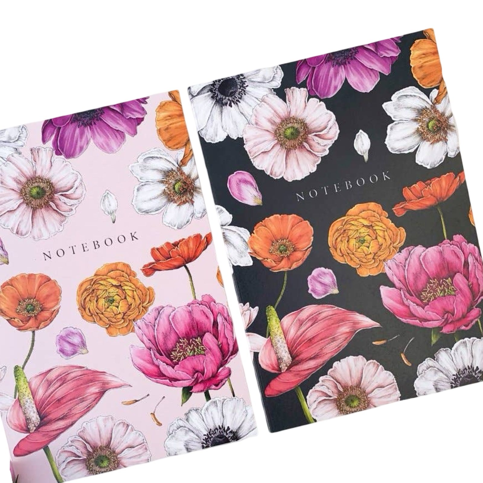 Set of 2 notebooks with colourful floral covers. Each set contains one pale pink and one black notebook. 