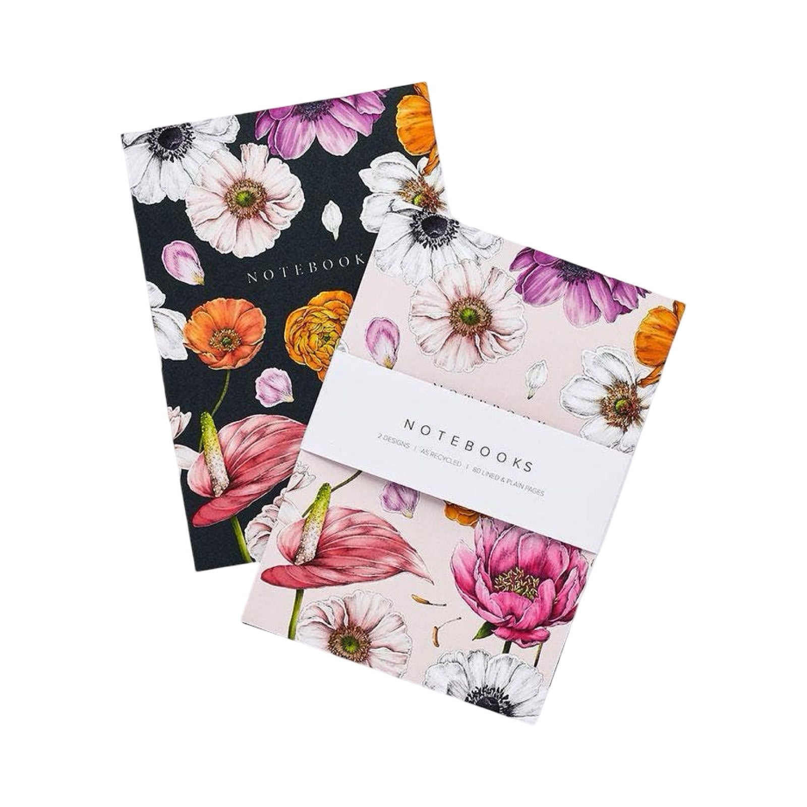 Set of 2 notebooks with colourful floral covers. Each set contains one pale pink and one black notebook. 