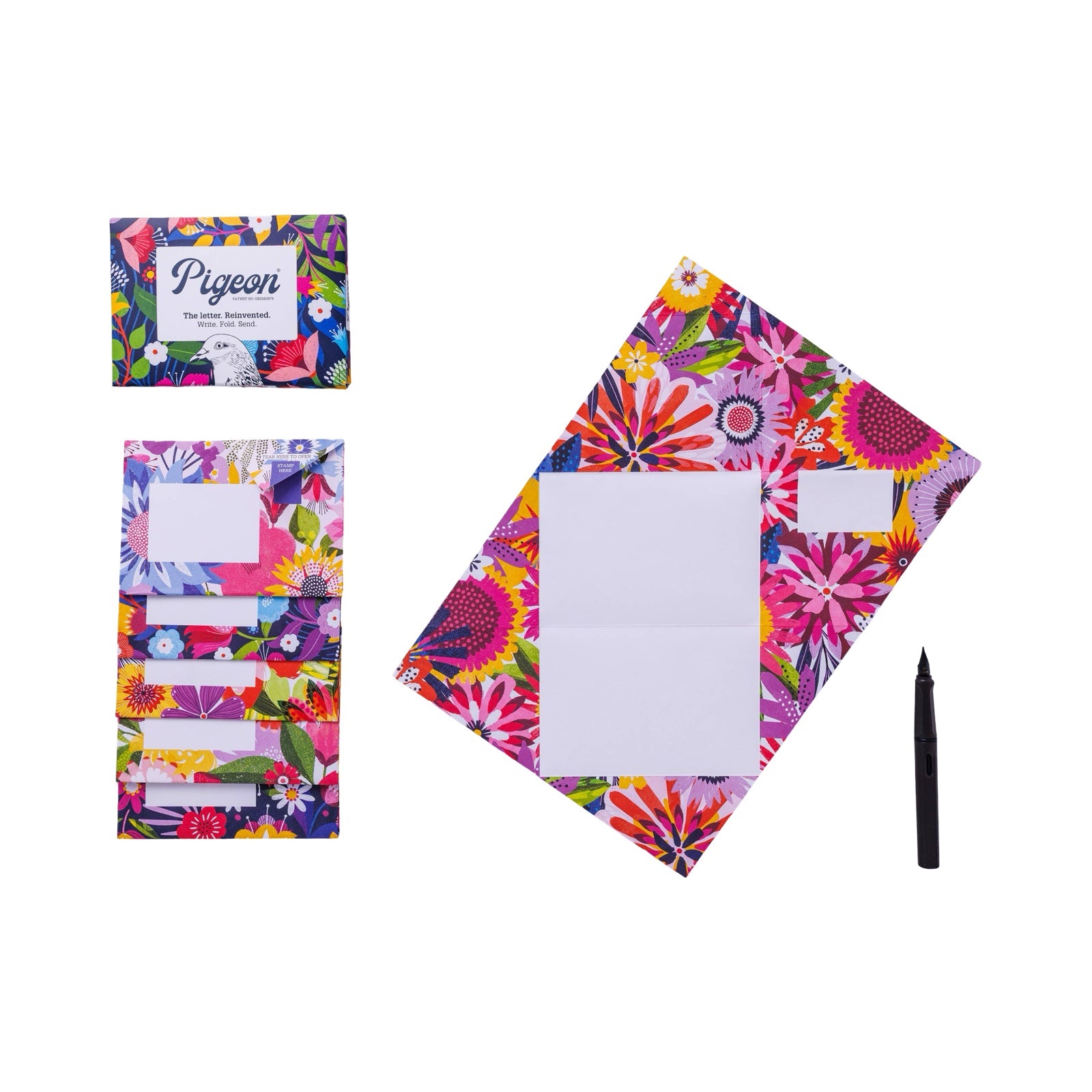 The Floral Fantasia Pigeon Pack contains 6 sheets of illustrated paper, each featuring a different colourful floral design. 