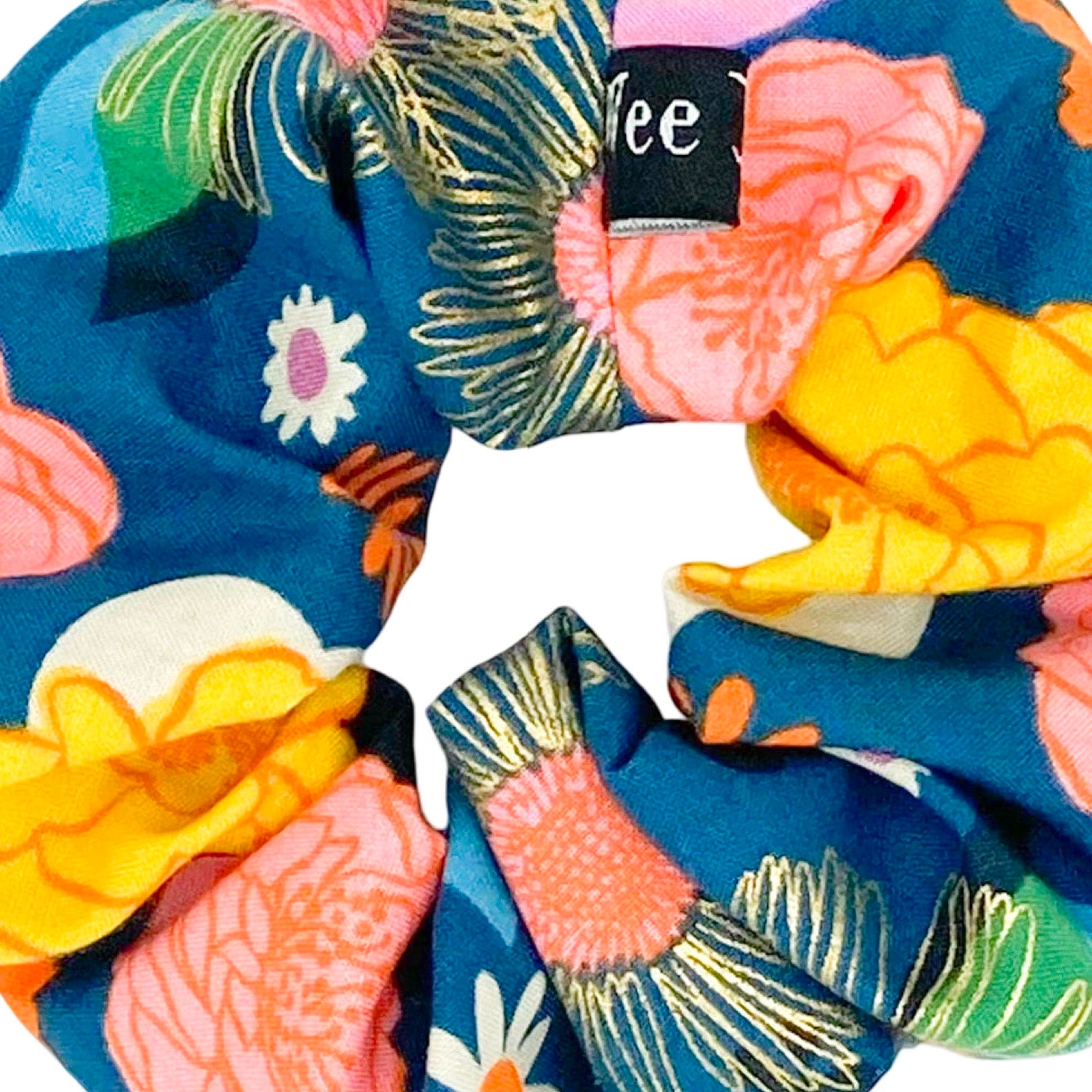 Handmade floral hair scrunchies in bold colours made from 100% cotton fabrics.
