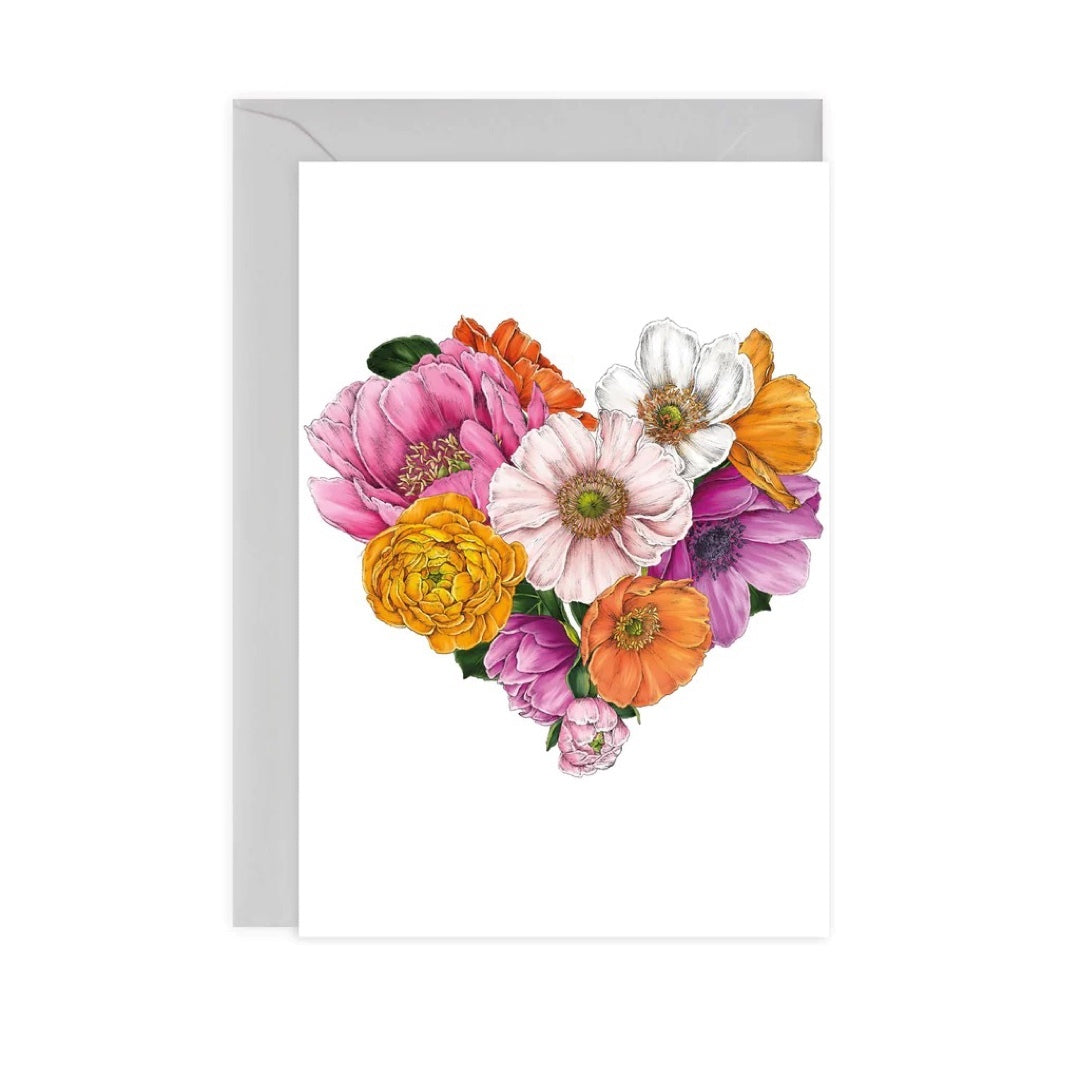 A6 card featuring a bunch of flowers in the shape of a heart, comes with a grey envelope.