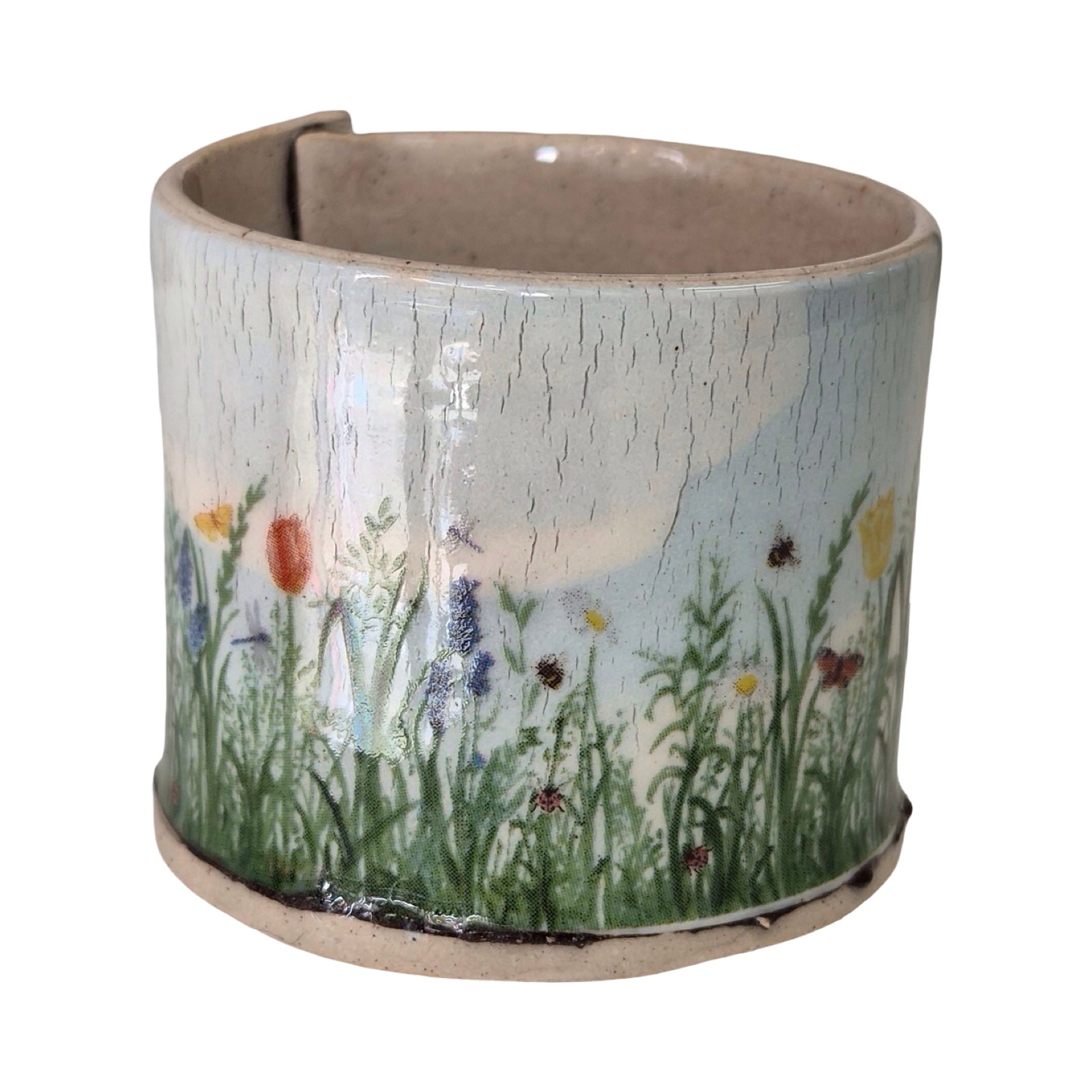 Ceramic planter with floral design on a white background.