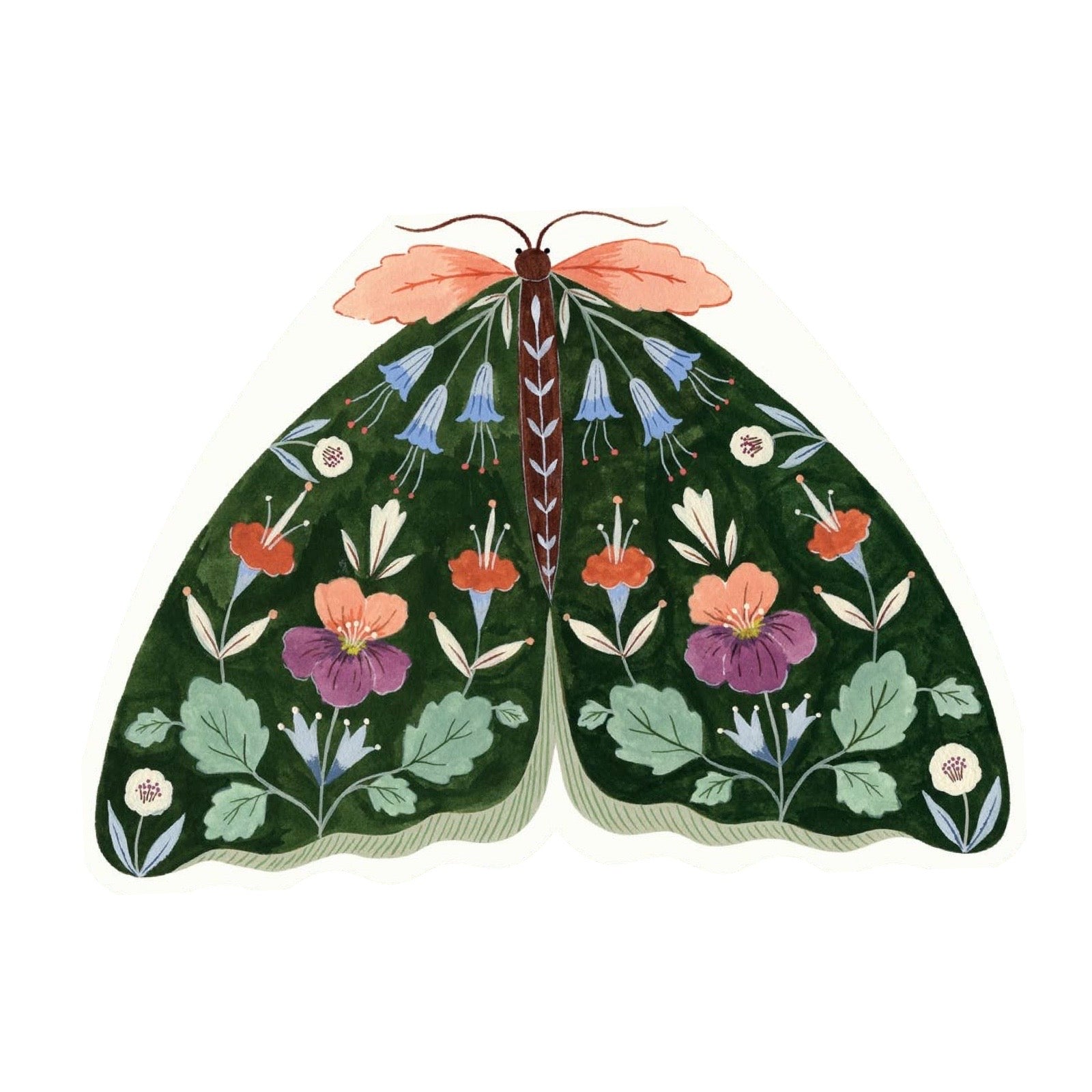A sticker featuring a detailed illustration of a green moth with orange wings and a pattern of blue bells, purple flowers, and green leaves on its wings, set against a plain white background.