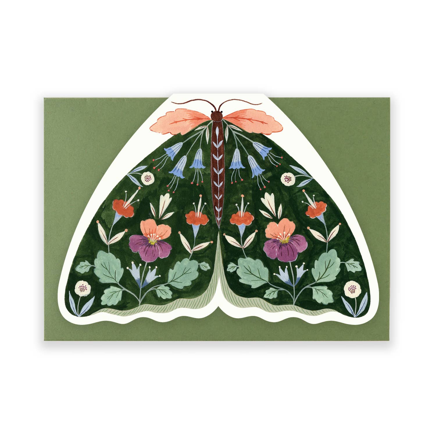 Card with a moth design featuring flowers on a green background.