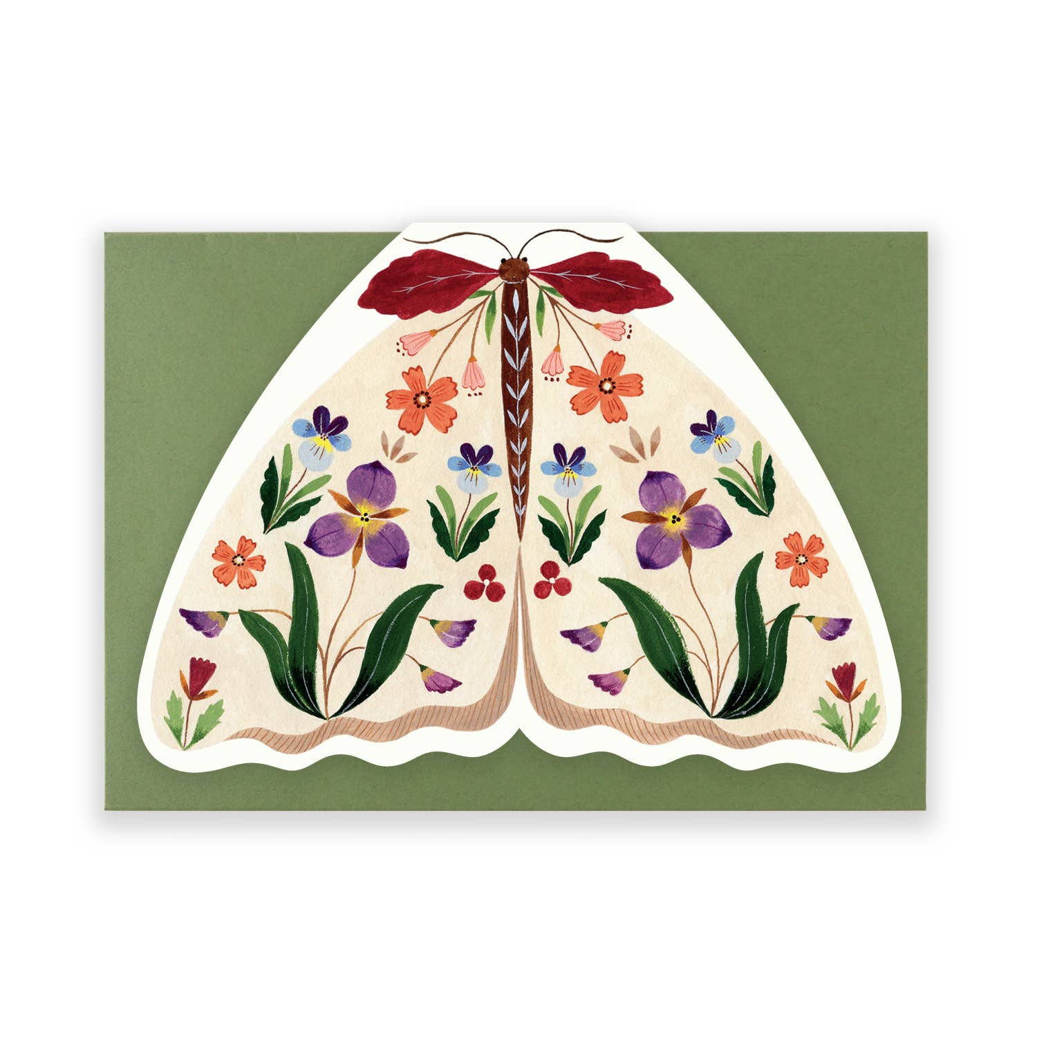 Greeting card with a floral moth design on a green background.