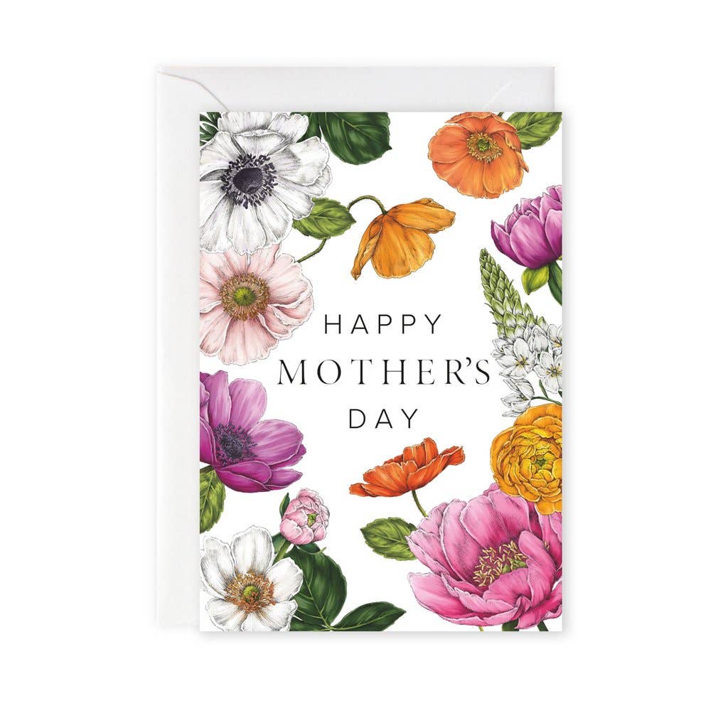 Mother's Day card featuring a gorgeous colourful floral border and the text 'Happy Mother's Day' inside.