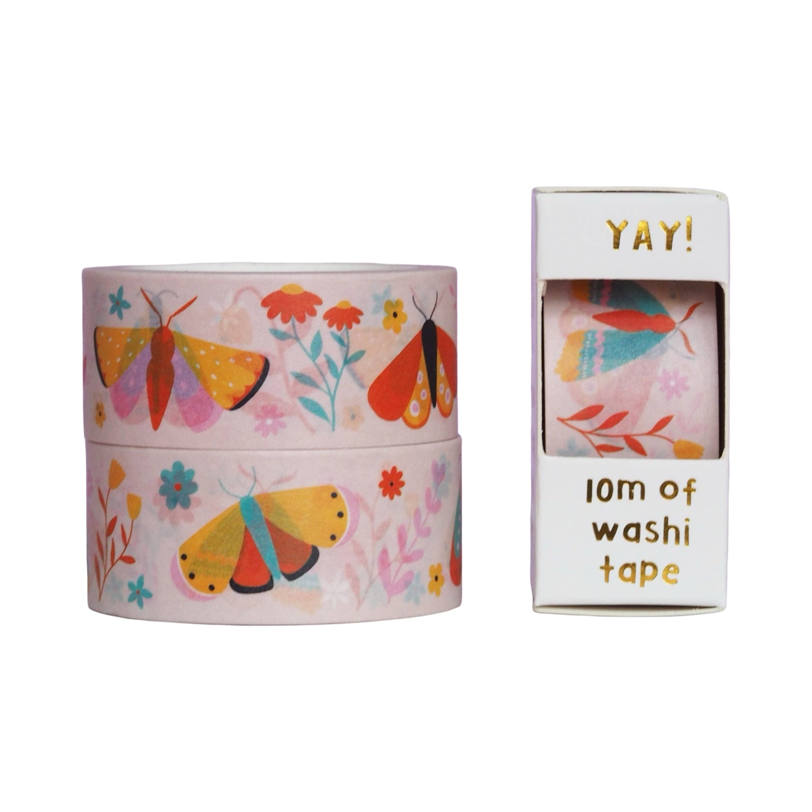 Washi tape set with butterfly design and 'YAY!' text on packaging.