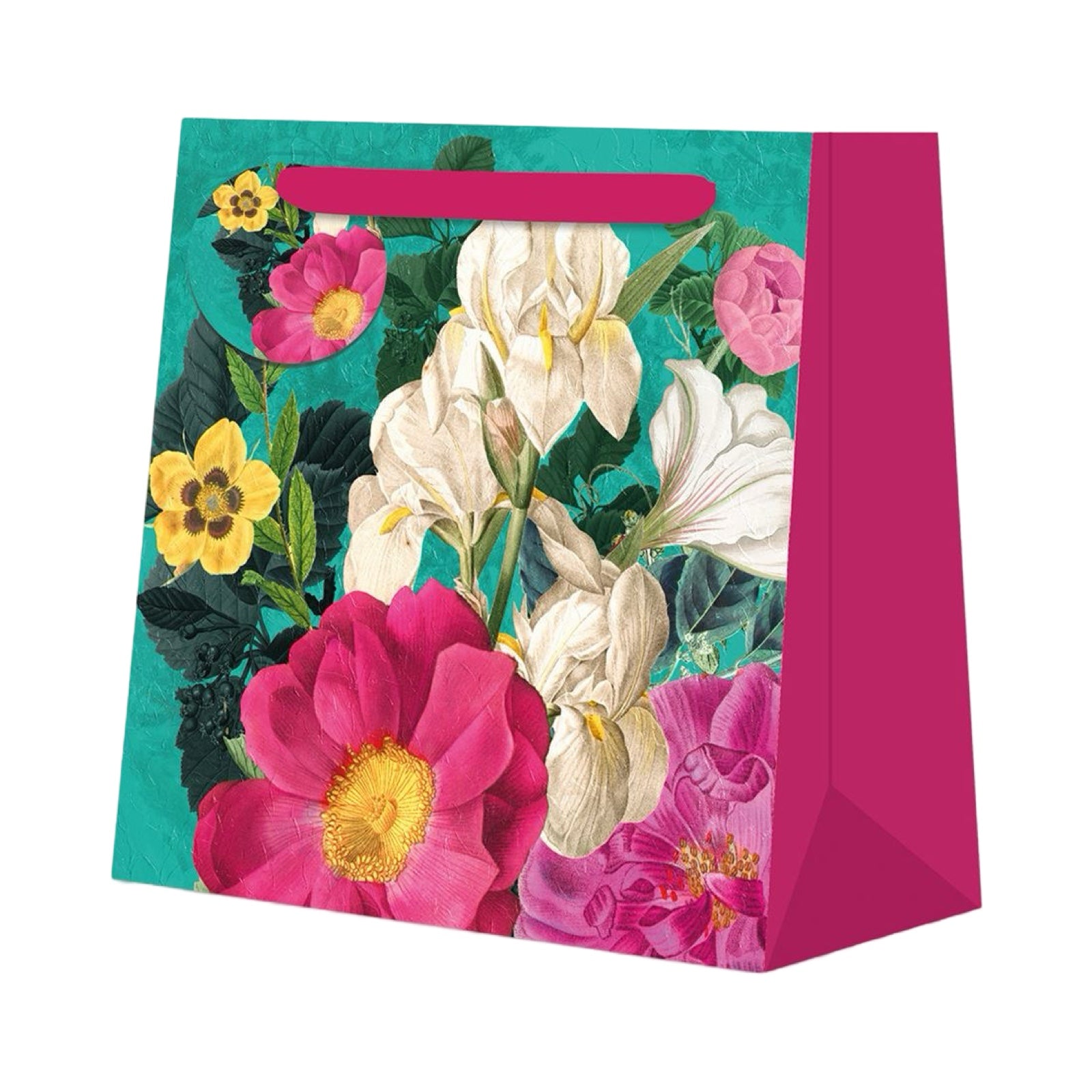 Large-sized gift bag featuring bold pink, white and yellow flowers against a teal background, a pink ribbon handle and a matching gift tag