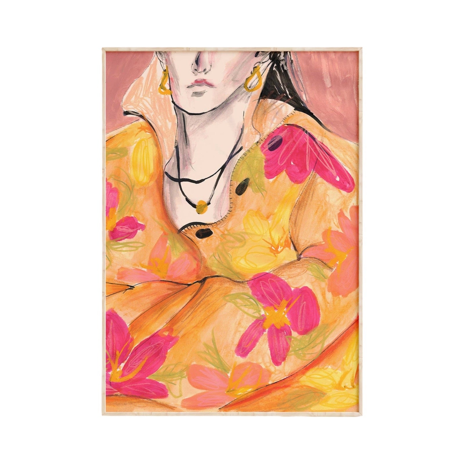 A framed art print featuring a stylised portrait painting of a woman in a warm-toned floral dress, against a white background.