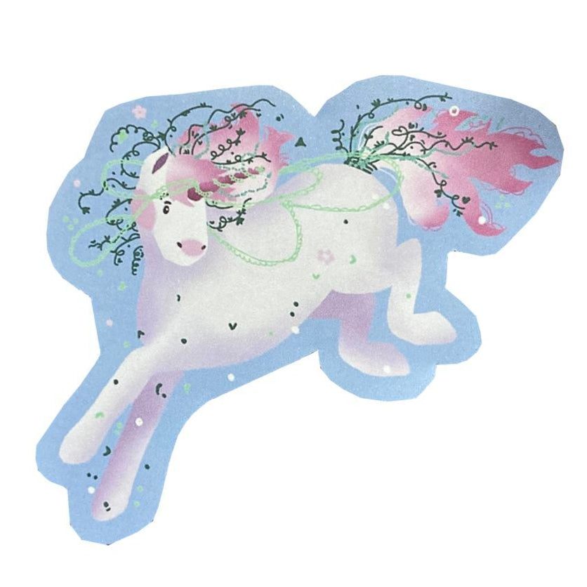 Photo of a white unicorn with a pink mane and tail with flowers in, jumping downwards