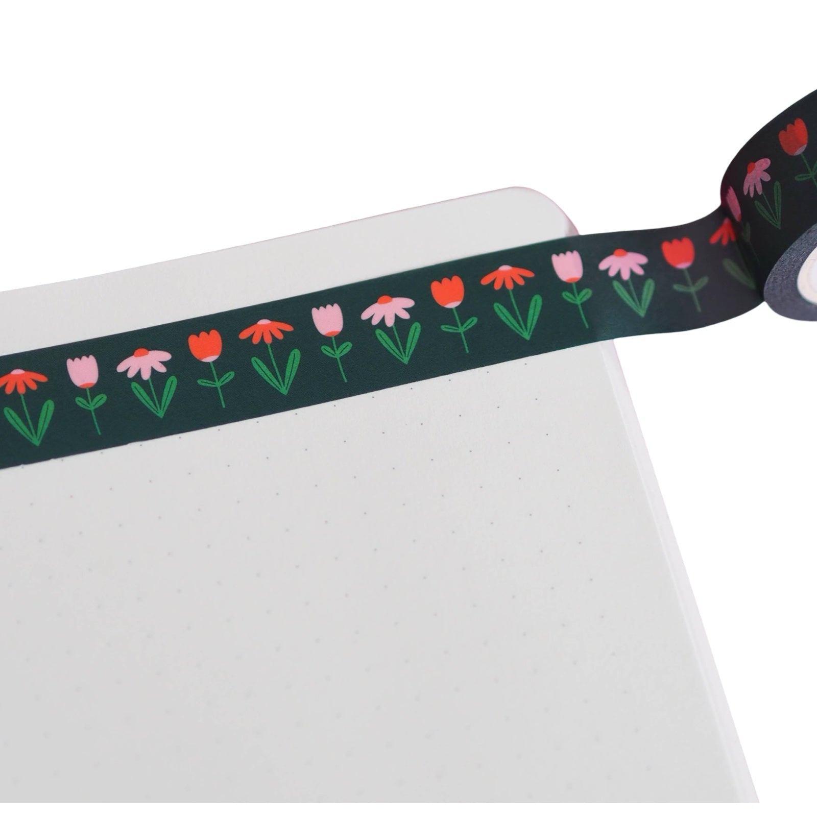 This roll of black washi tape has pretty red and pink tulips and red and pink daisies