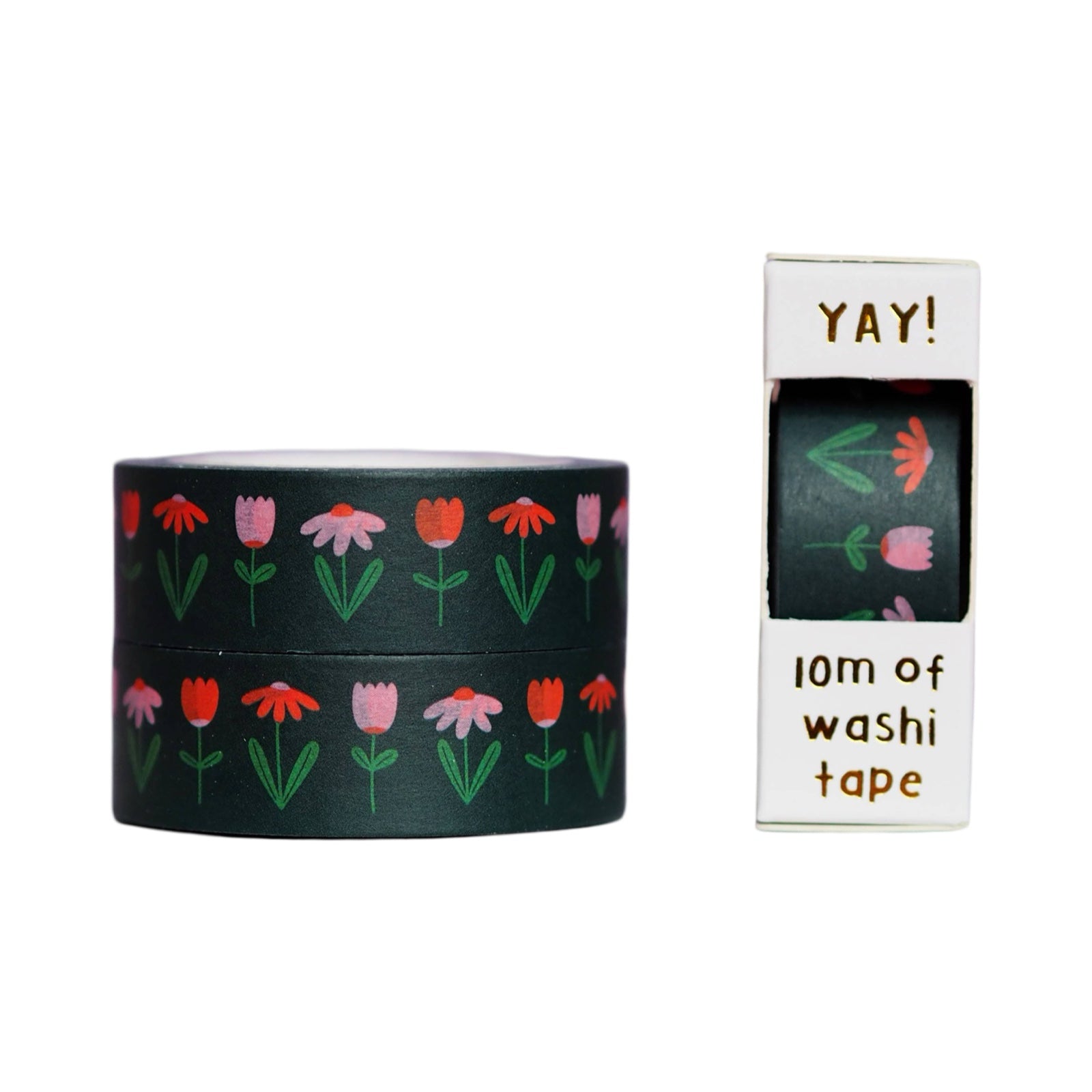 This roll of black washi tape has pretty red and pink tulips and red and pink daisies