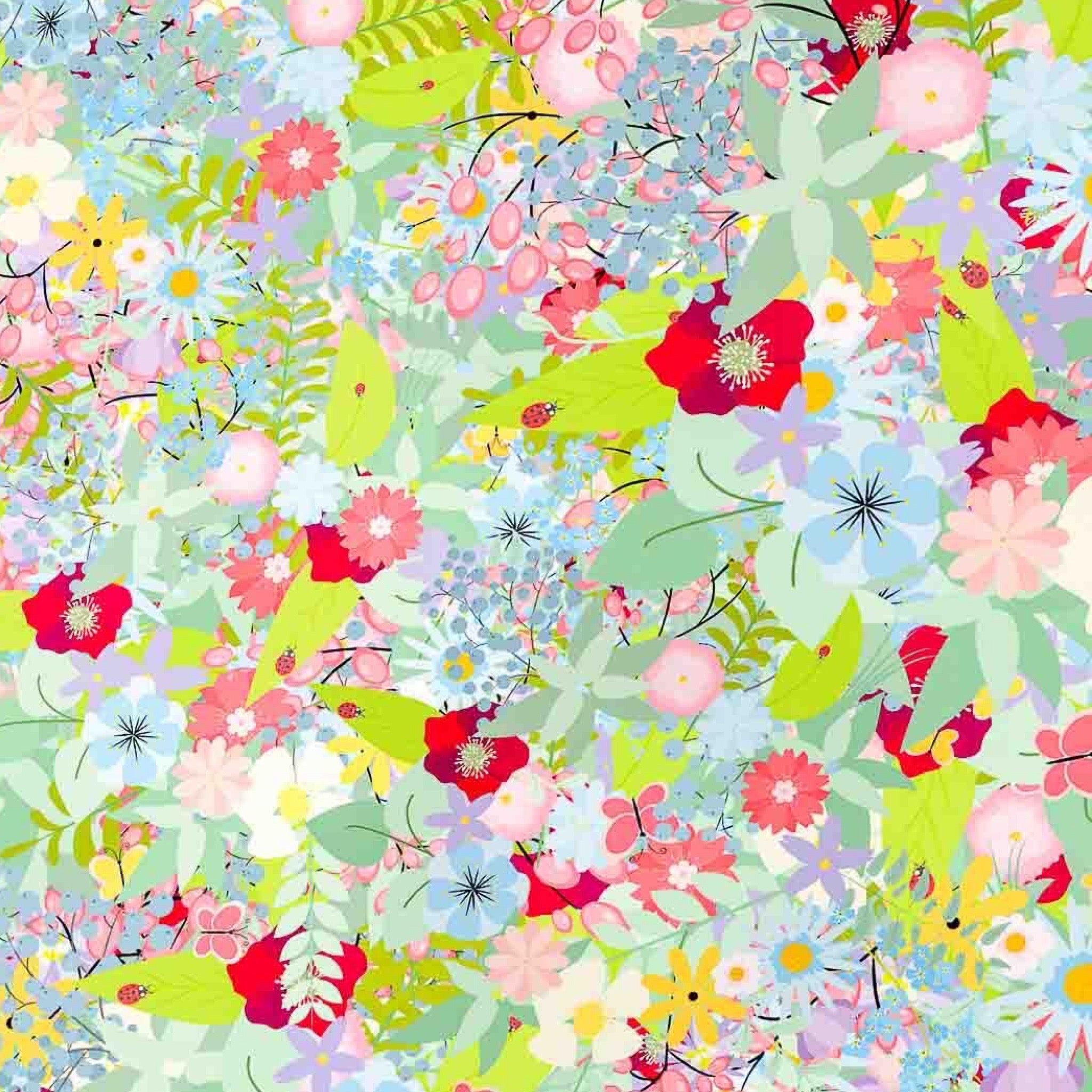 Colorful floral pattern with various flowers and leaves on a light blue background.