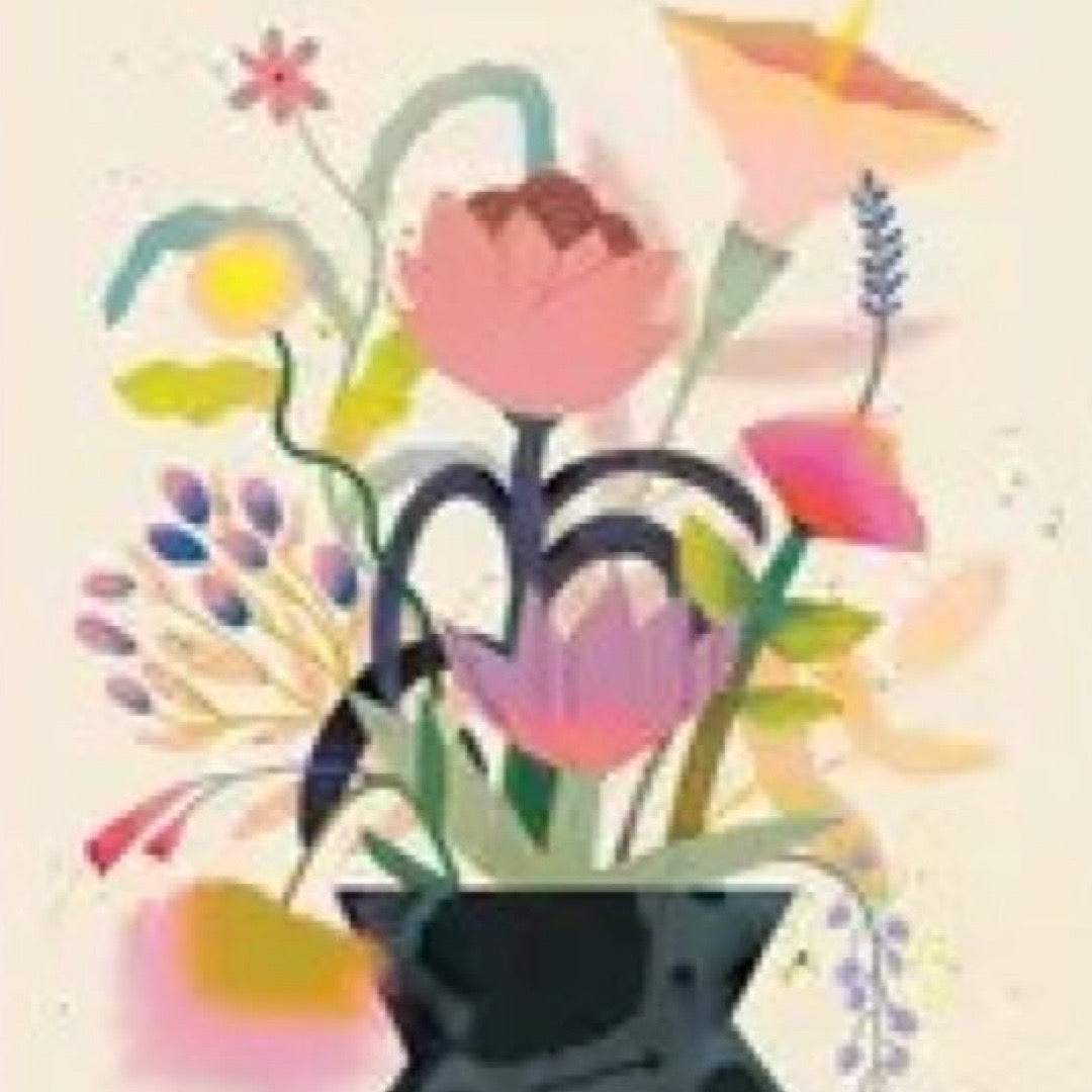 Illustrated postcard featuring a beautiful bunch of flowers in a black vase on a cream background.