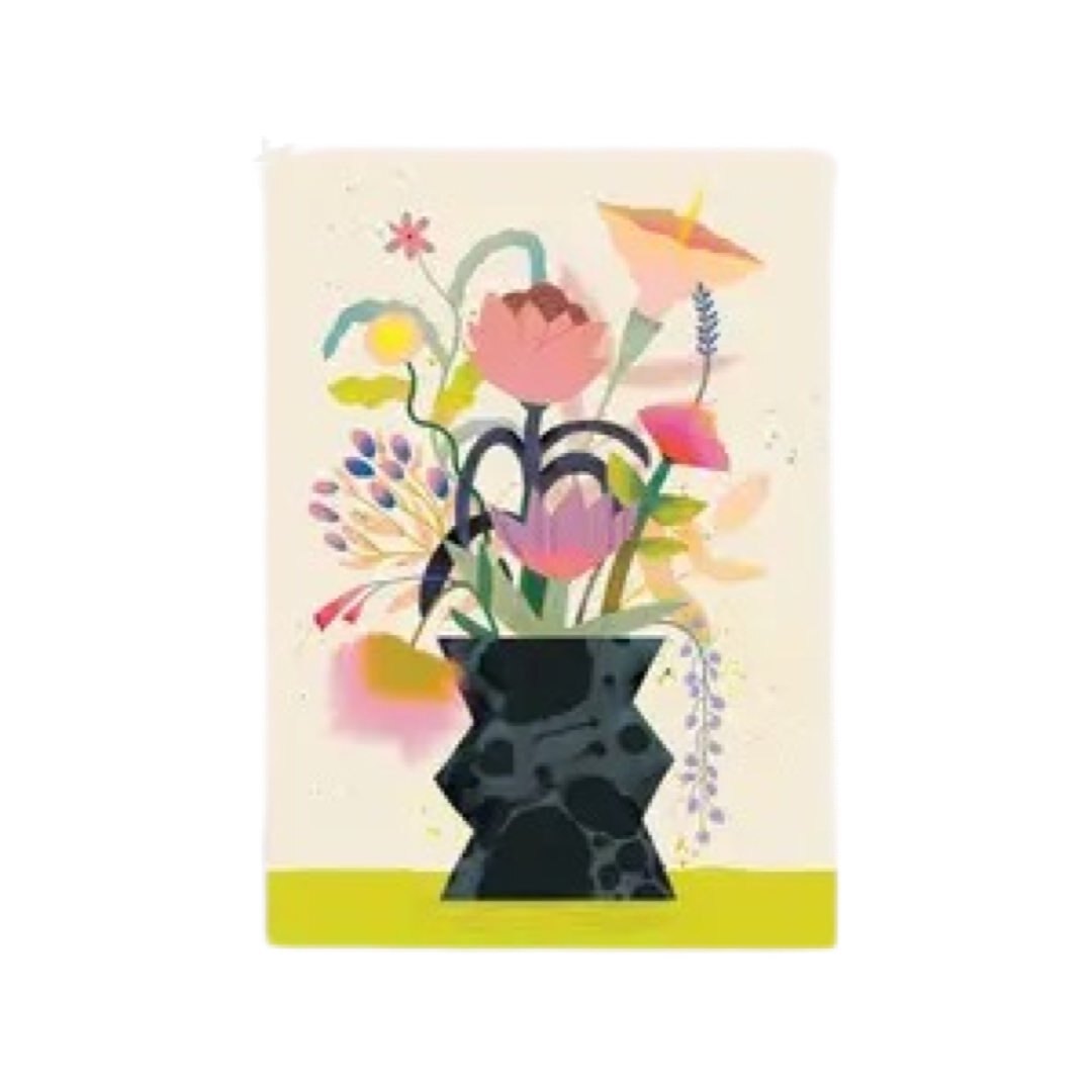 Illustrated postcard featuring a beautiful bunch of flowers in a black vase on a cream background.