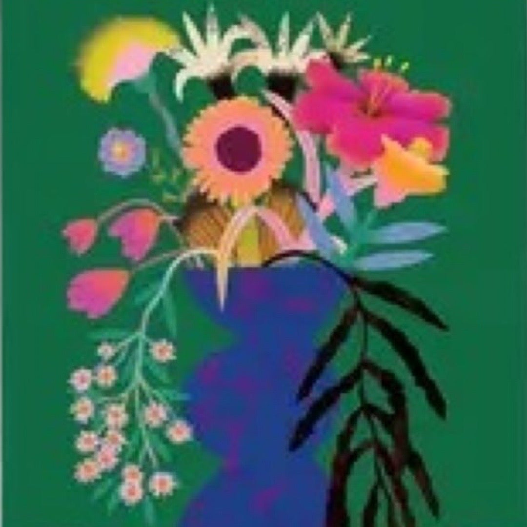 Vibrant postcard featuring a beautiful bunch of flowers in a blue vase on a green and orange background.