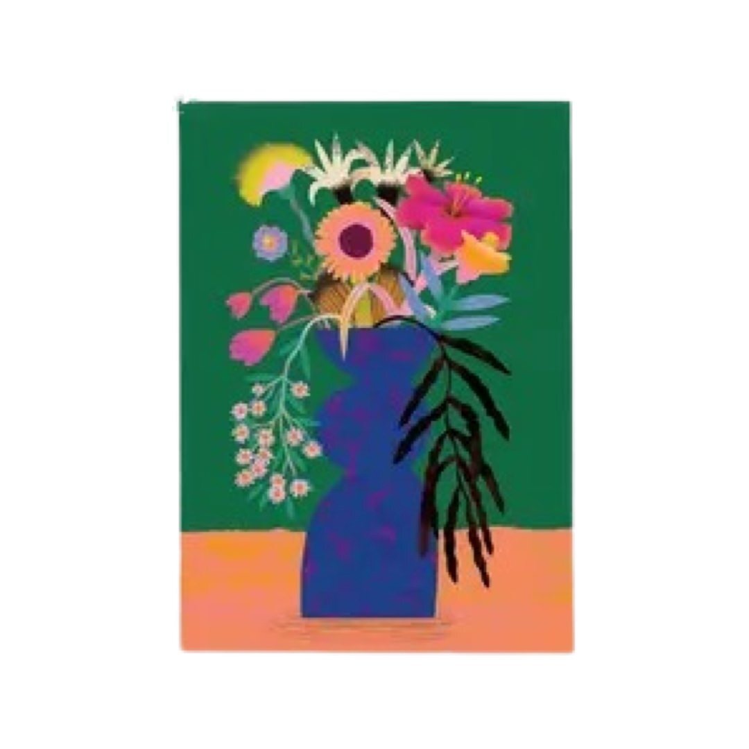Vibrant postcard featuring a beautiful bunch of flowers in a blue vase on a green and orange background.