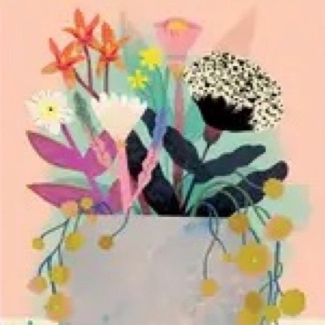 Floral postcard featuring a beautiful bunch of flowers in a grey vase on a peach and cream background.