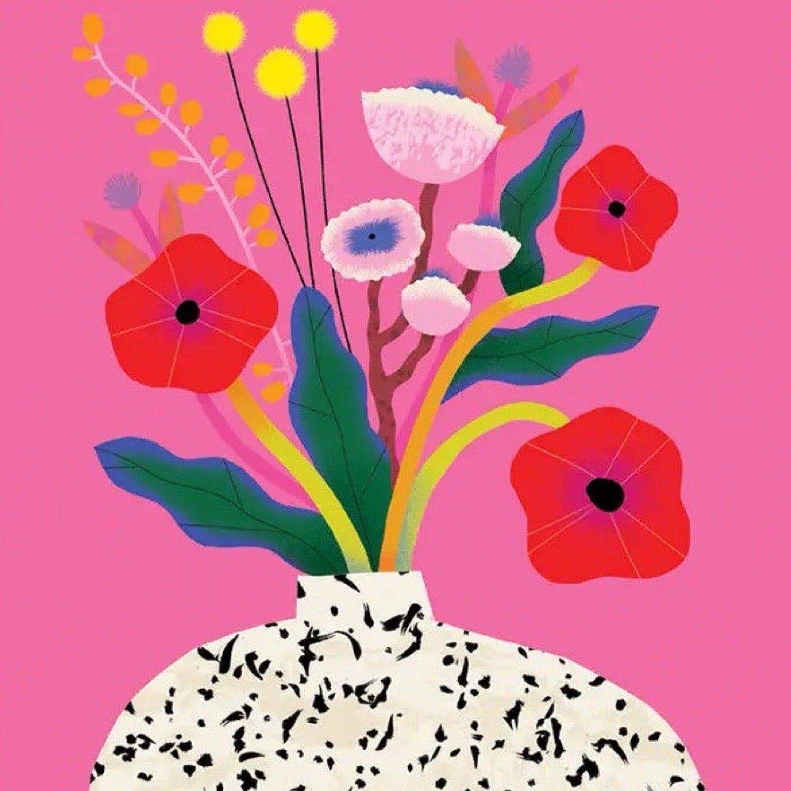A bright and colourful postcard featuring a beautiful bunch of flowers in a white vase with black dots against a pink and green background.
