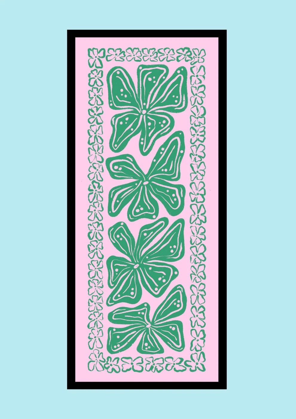 Art print with green flowers on a light pink background, framed with a black frame on an aqua background.