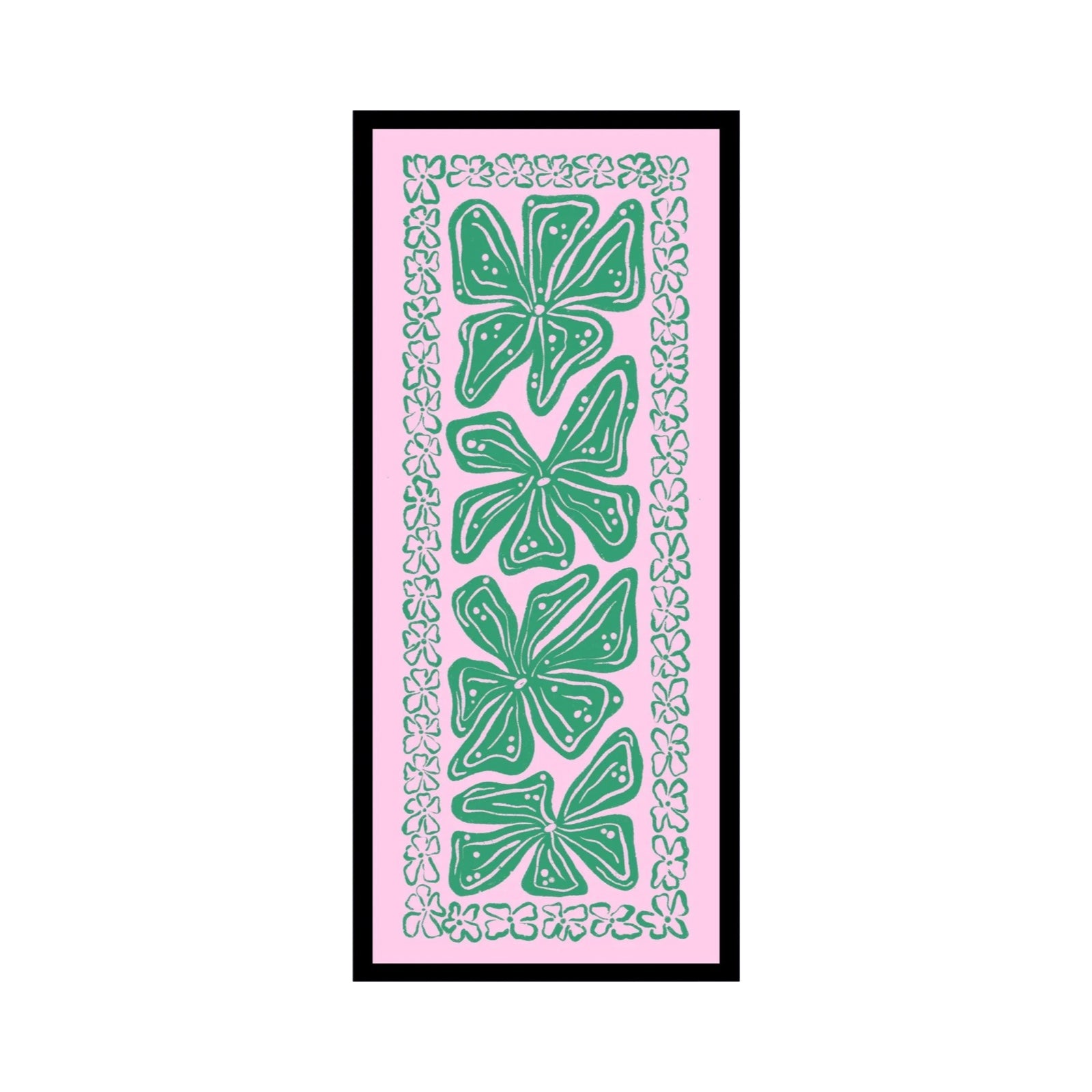This colourful rectangular print features green leaves in the centre surrounded by a green leaf border against a pink background. 