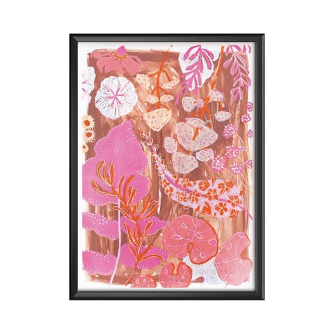 A rectangular print from an original painting featuring cream, pink and white flowers and foliage on a brown background