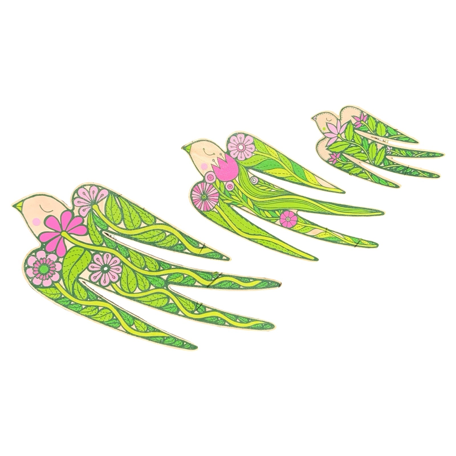 This set of three flying swallows will surely add a pop of colour to your wall. Each bird features leaves and flowers illustrated in green, pink and yellow