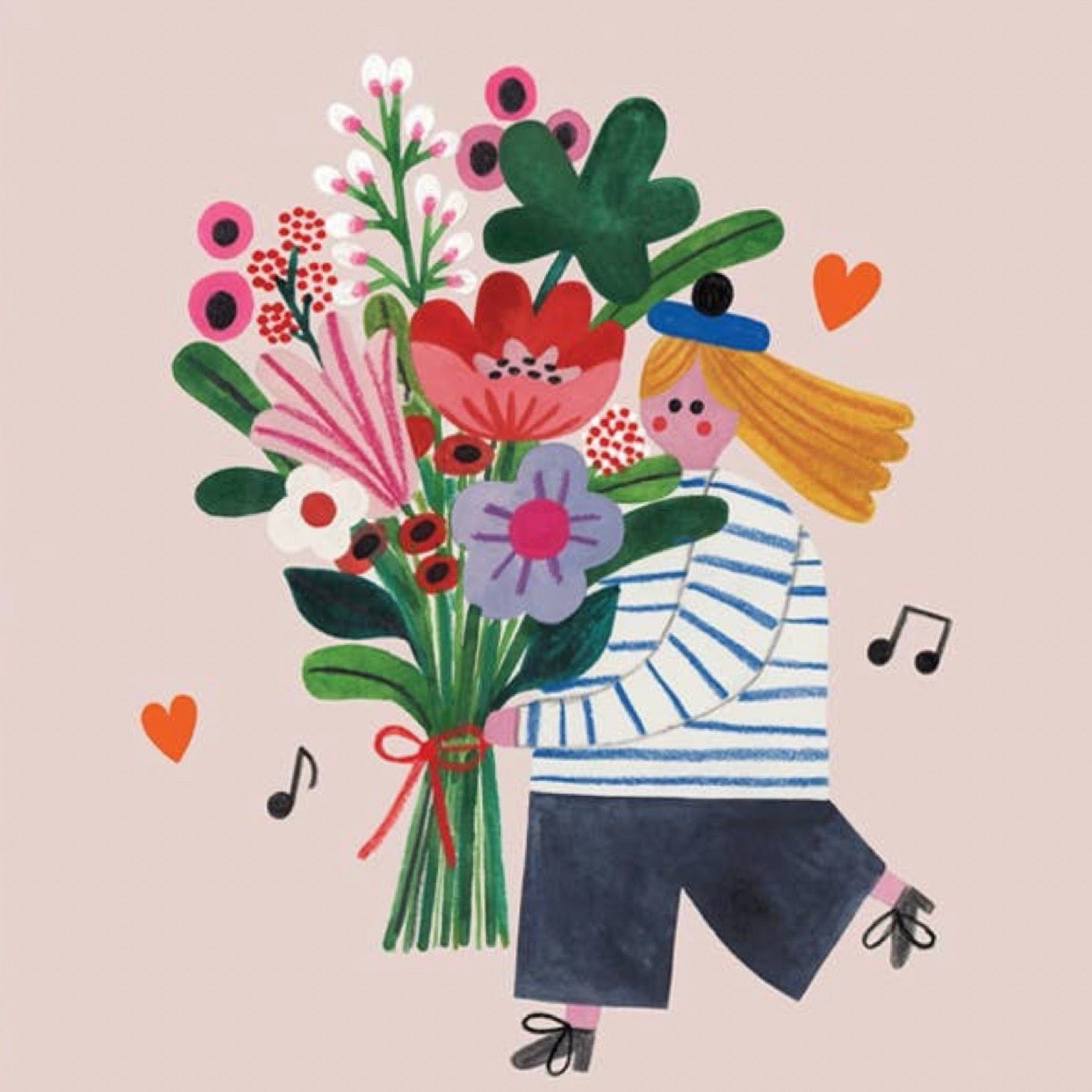 Illustration of a person holding a bouquet of flowers with a pink background.