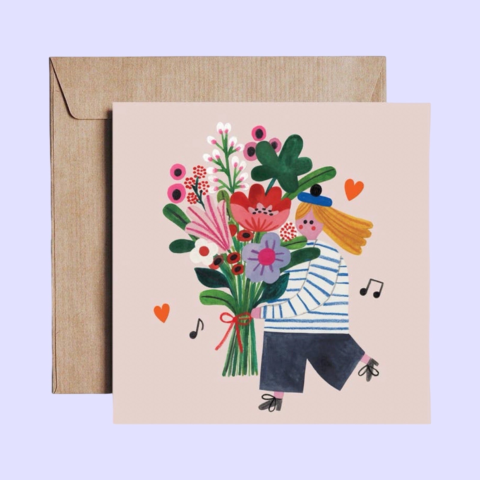 Greeting card with illustration of a person holding flowers and a matching envelope on a light purple background.