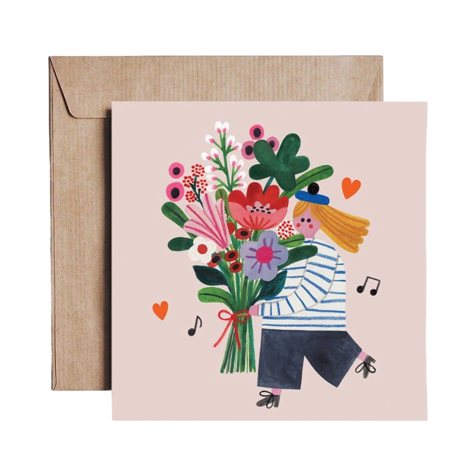 Greeting card with a person holding flowers and a matching envelope on a white background.