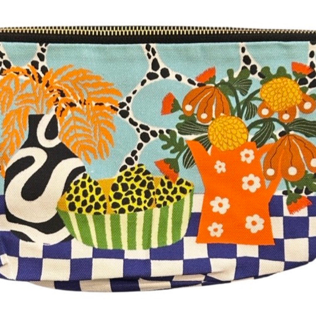 Colorful pouch with floral and abstract design featuring a swan, flowers, and geometric patterns.