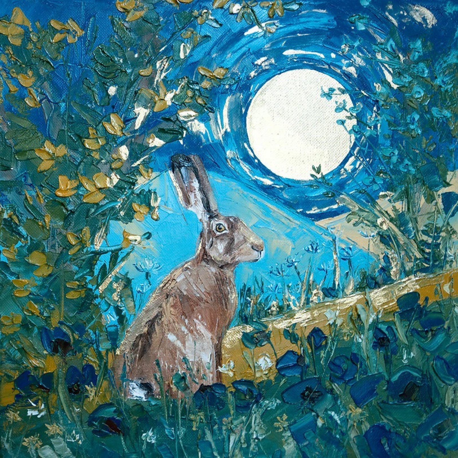 This square print features a hare sitting at the edge of a forest under the moon in shades of brown, blue and green.