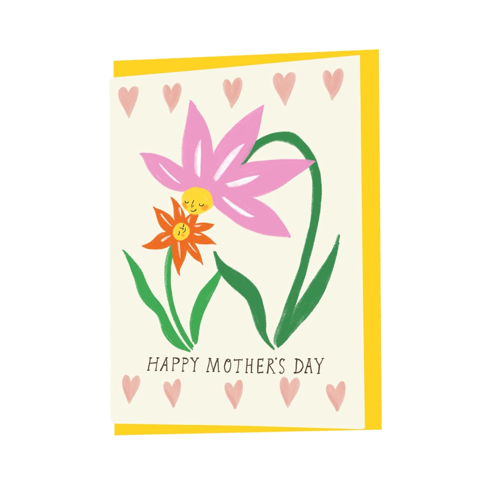 Mother's day card featuring a smaller red flower looking up at a larger pink flower with the text 'Happy Mother's day' underneath.