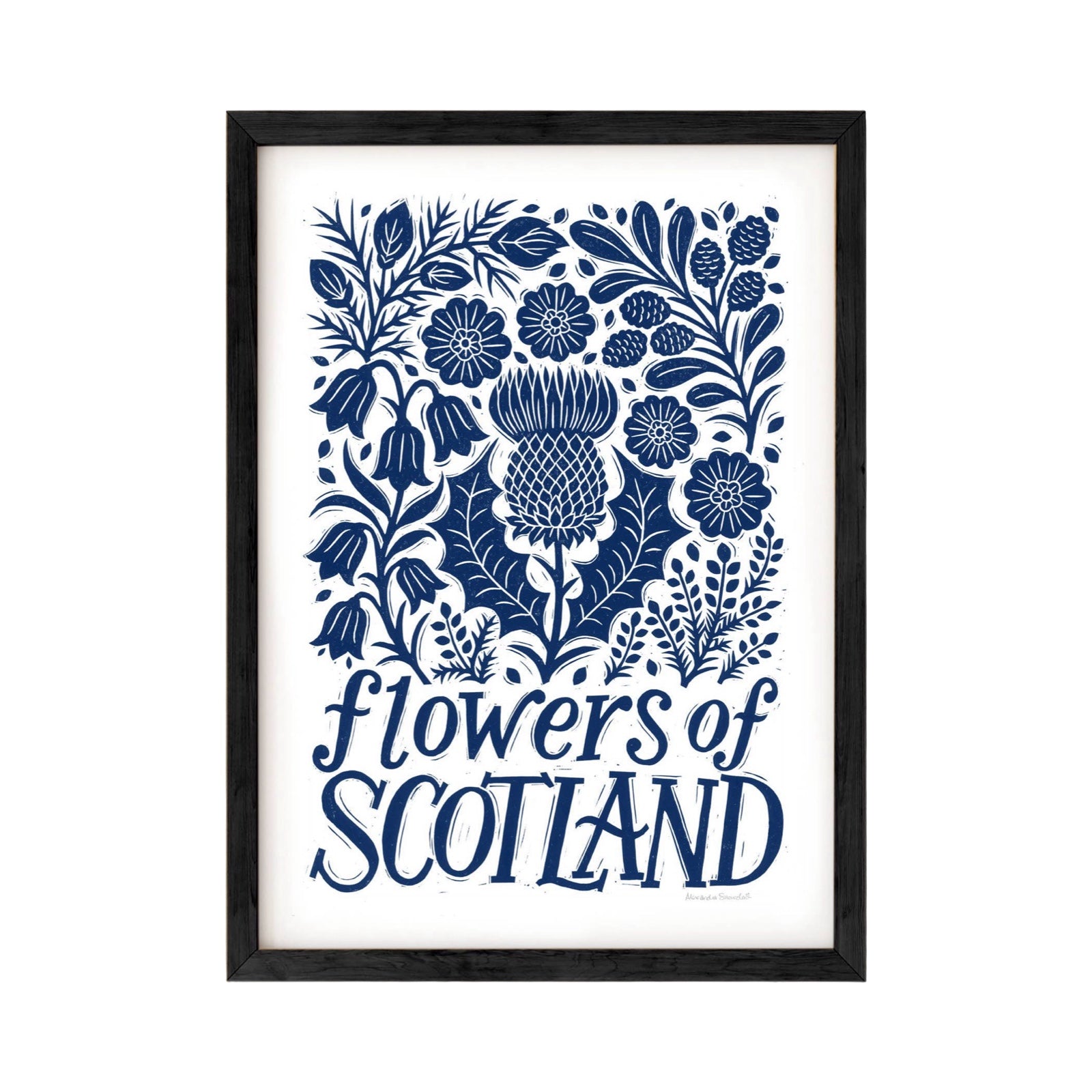 Framed artwork with blue floral design and 'Flowers of Scotland' text on a white background.