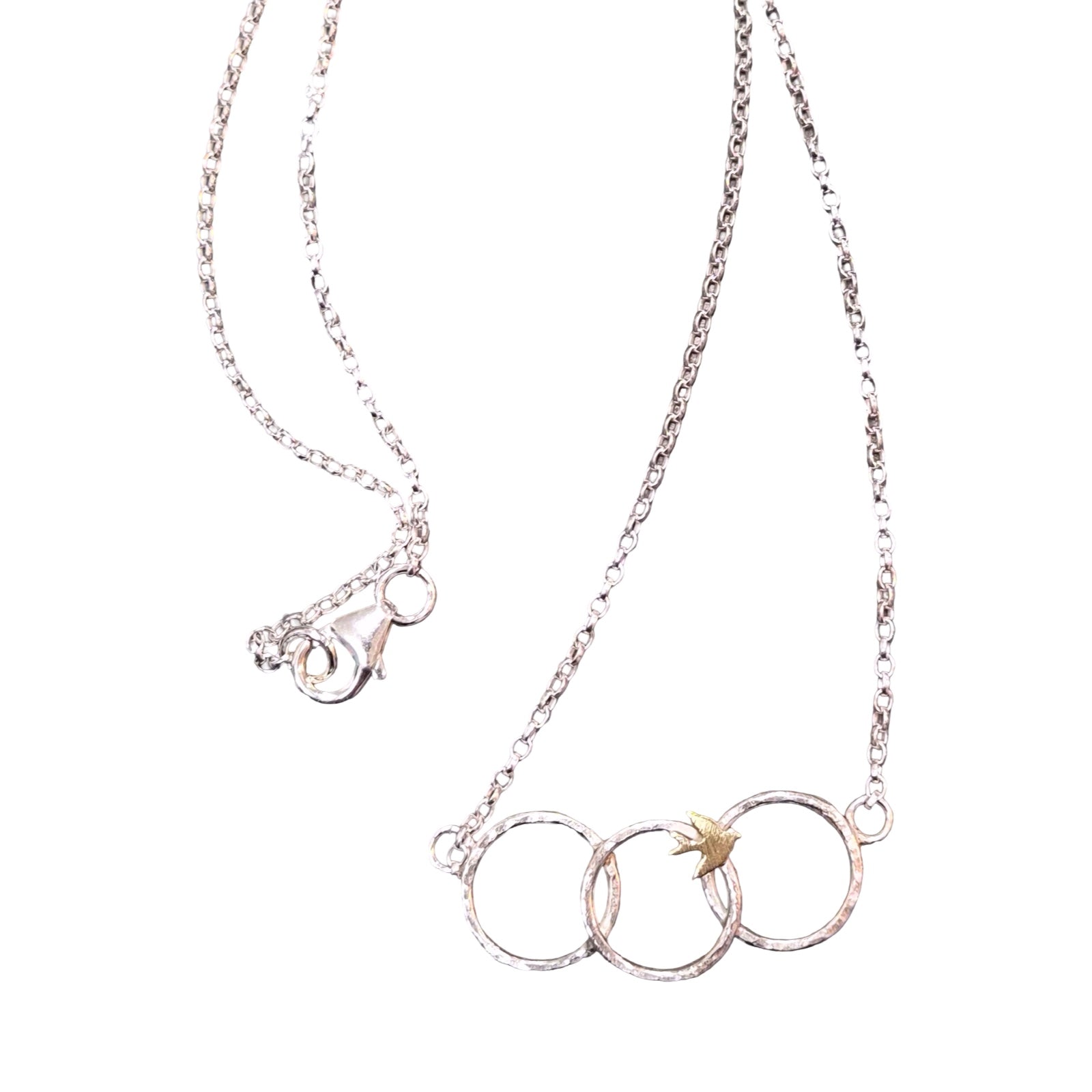 Silver necklace with interlocking rings  and a bird on a white background.