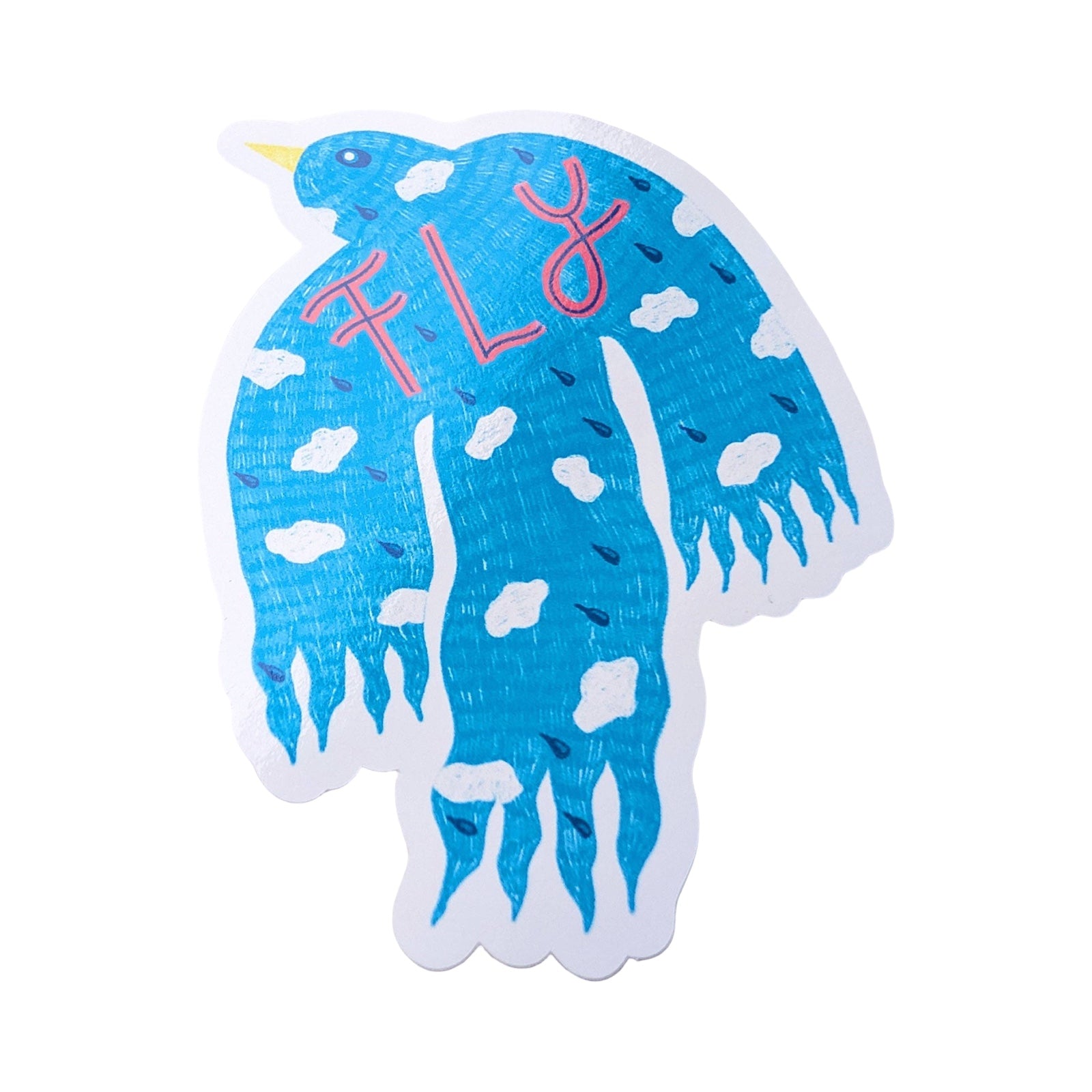Blue bird-shaped sticker with 'FLY' text on a white background.