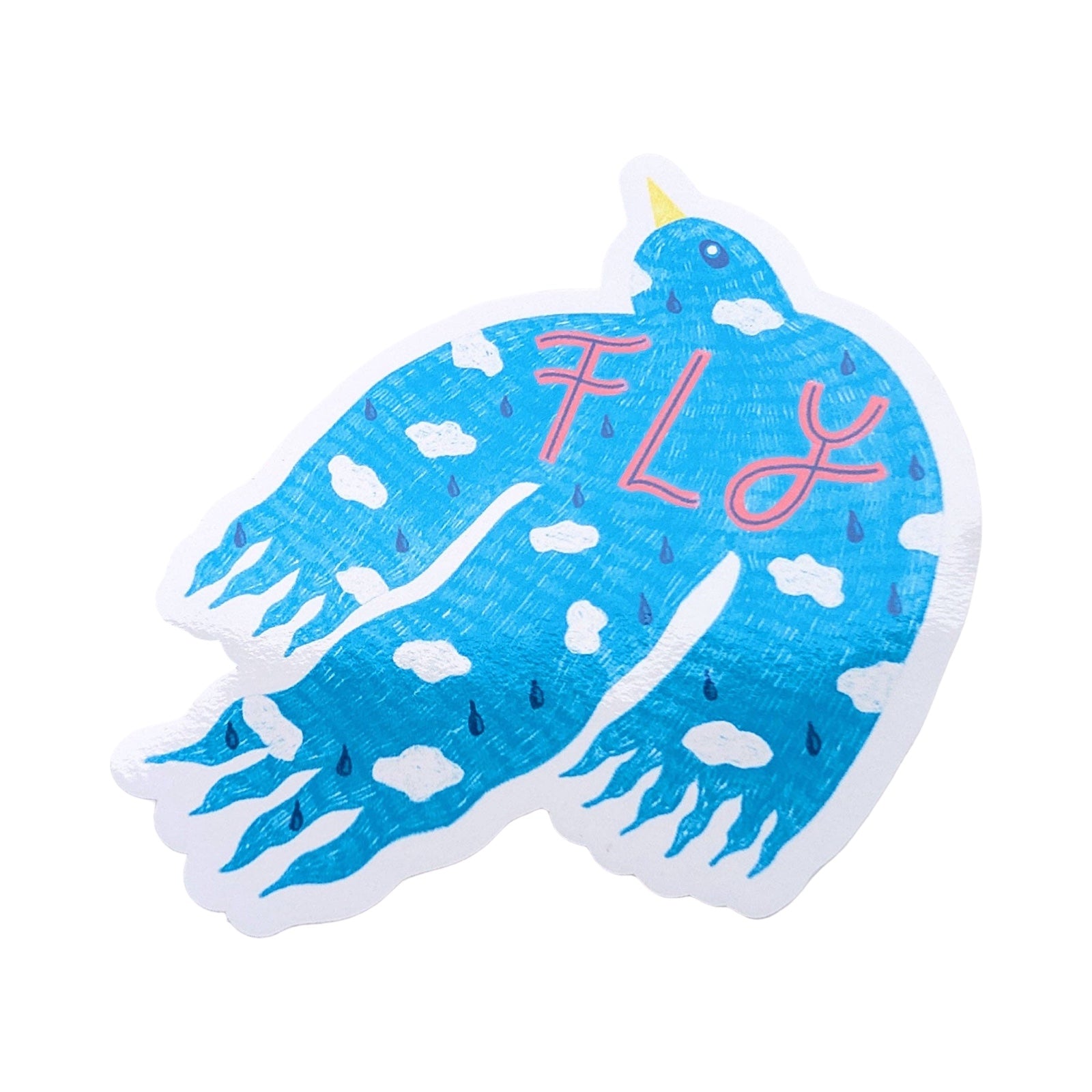 Blue bird-shaped sticker with 'FLY' text on a white background.